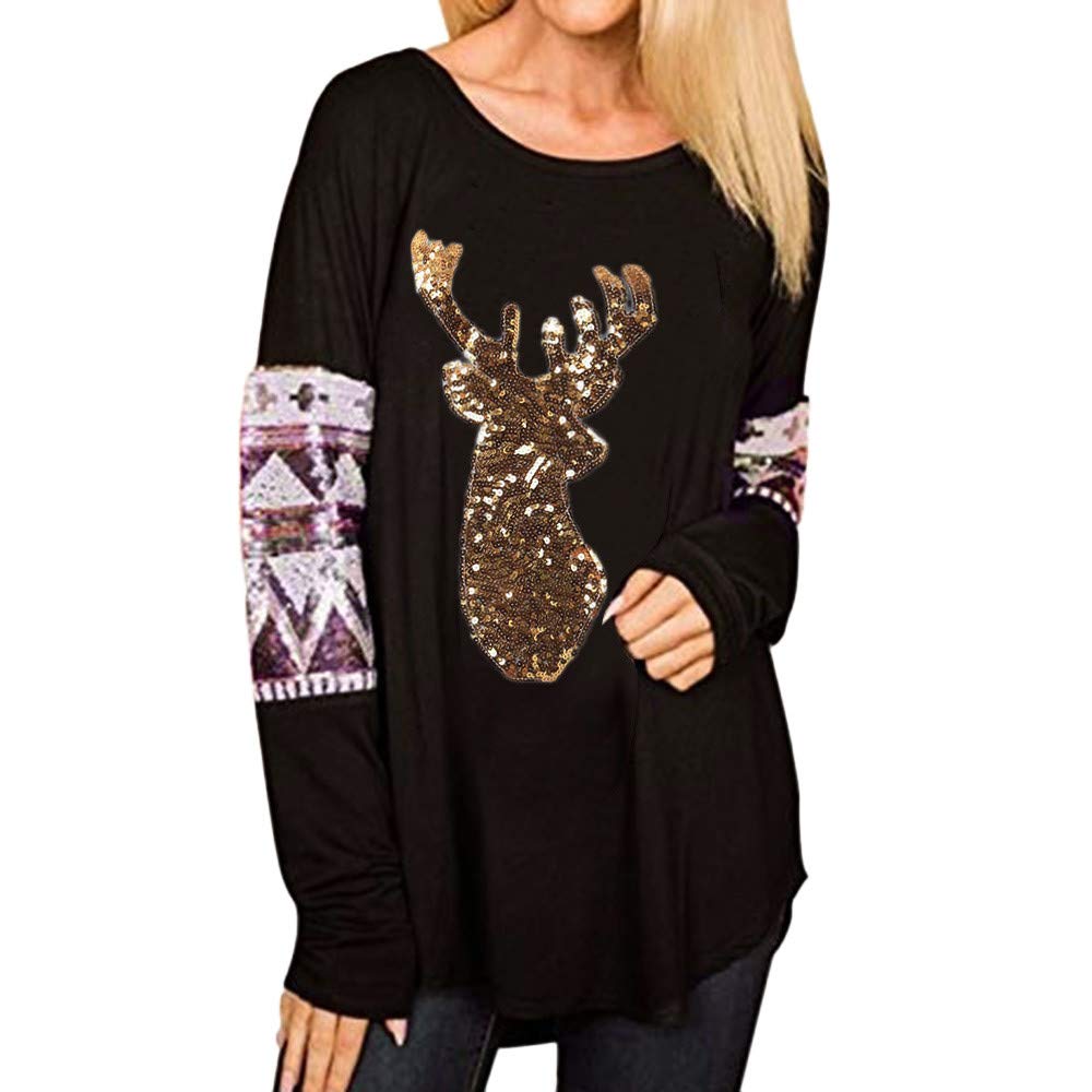 Christmas Elk Sequins Long Sleeve Tunic Blouse for Women & Teen Girls - Casual Loose Fit Irregular Hem Top - Perfect for Holiday Parties, Family Gatherings & Winter Fashion