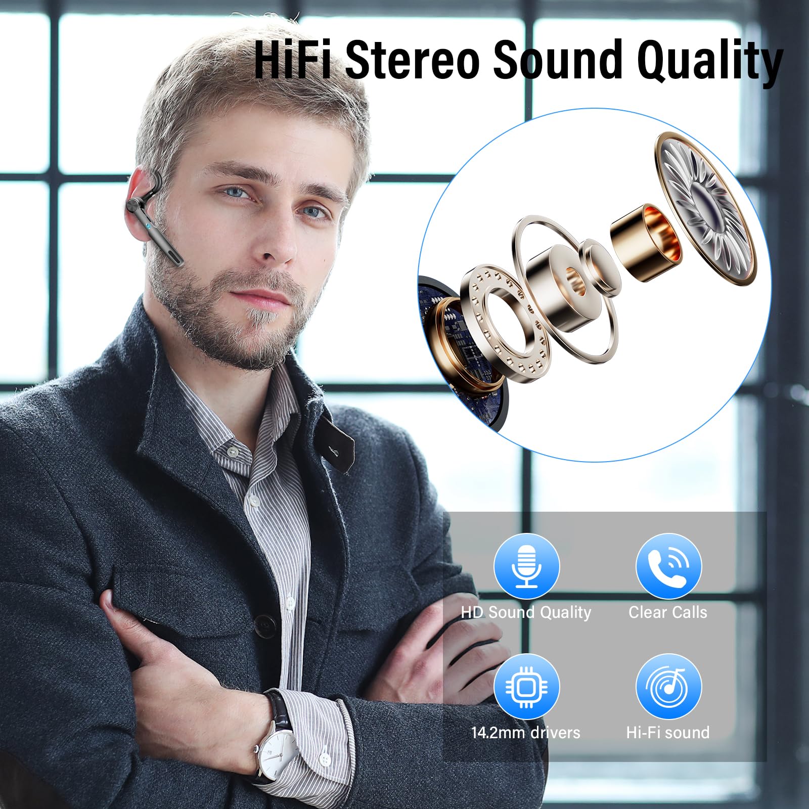 Wireless Bluetooth Headset with ENC Noise Cancelling Mic - 60H Talk Time, Single-Ear V5.3 Earpiece & 400mAh Charging Case - IP7 Waterproof Hands-Free Headphones for iPhone Android Phones (Black) - Perfect for Driving, Office Calls & Remote Work