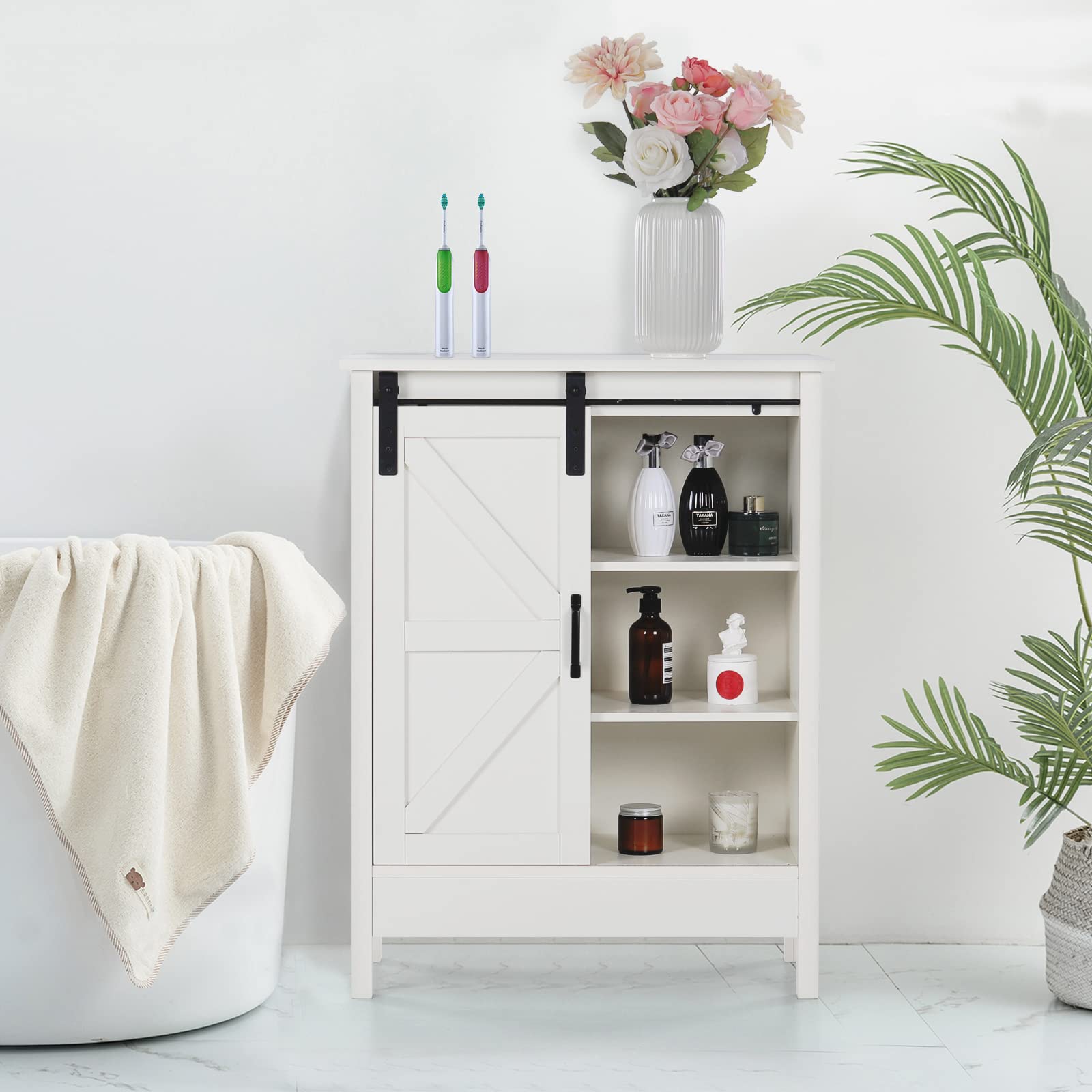 Farmhouse Style Sliding Barn Door Bathroom Floor Storage Cabinet - Creamy White Buffet & Sideboard for Living Room, Kitchen, Bedroom | Rustic Home Organization & Decor