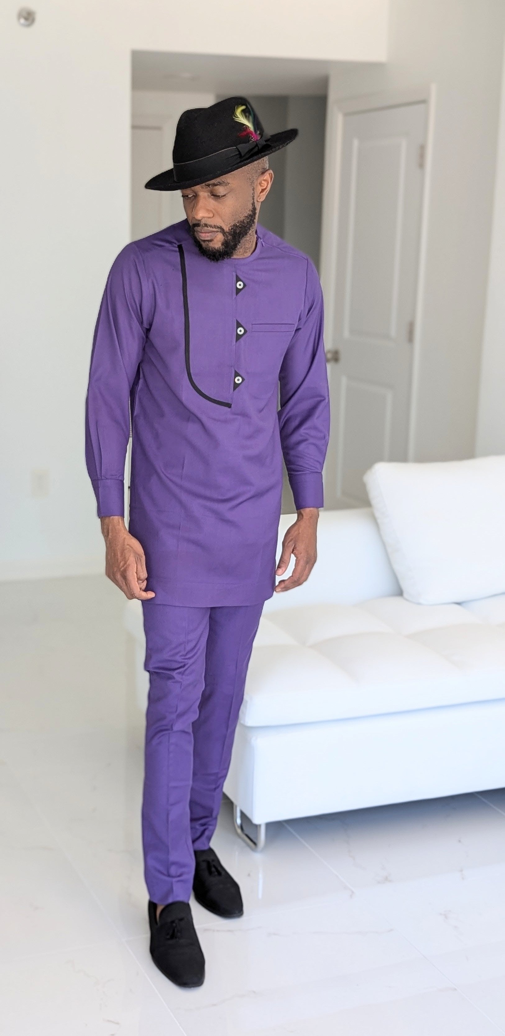 Elegant Purple and Black African Senator Suit Set by Dupsie | Traditional Nigerian Attire for Weddings, Parties & Special Occasions | Premium Quality DPASPBTP4