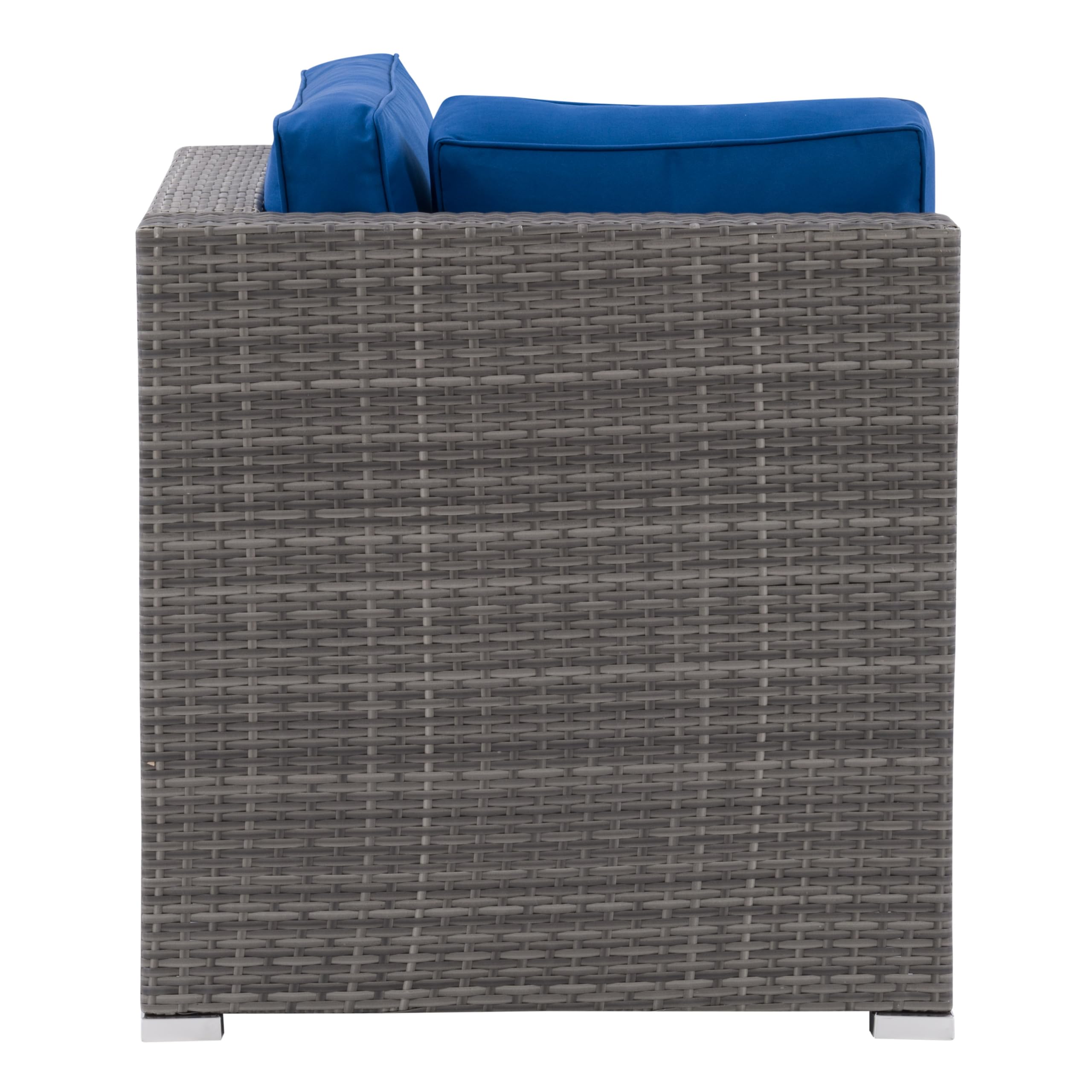 CorLiving Parksville Gray Wicker Rattan Patio Corner Chair with Blue Cushions - Outdoor Furniture for Garden, Porch, Poolside & Backyard Relaxation