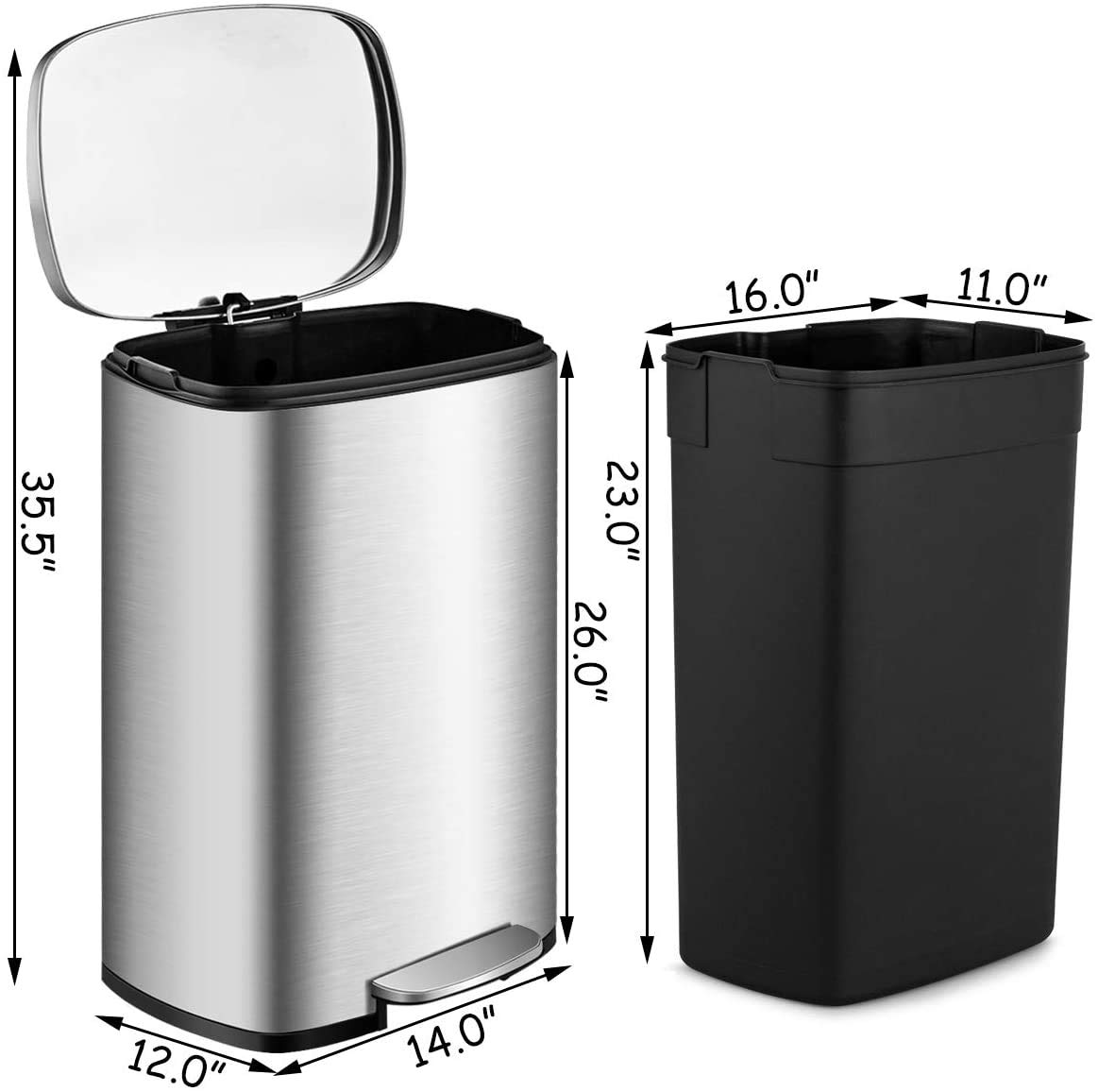 Stainless Steel Step Trash Can with Freshener System - Airtight Rectangular Garbage Bin for Kitchen, Office, Home - Includes Plastic Inner Buckets & Hinged Lids - Perfect for Odor Control and Waste Management in Small Spaces (Silver)