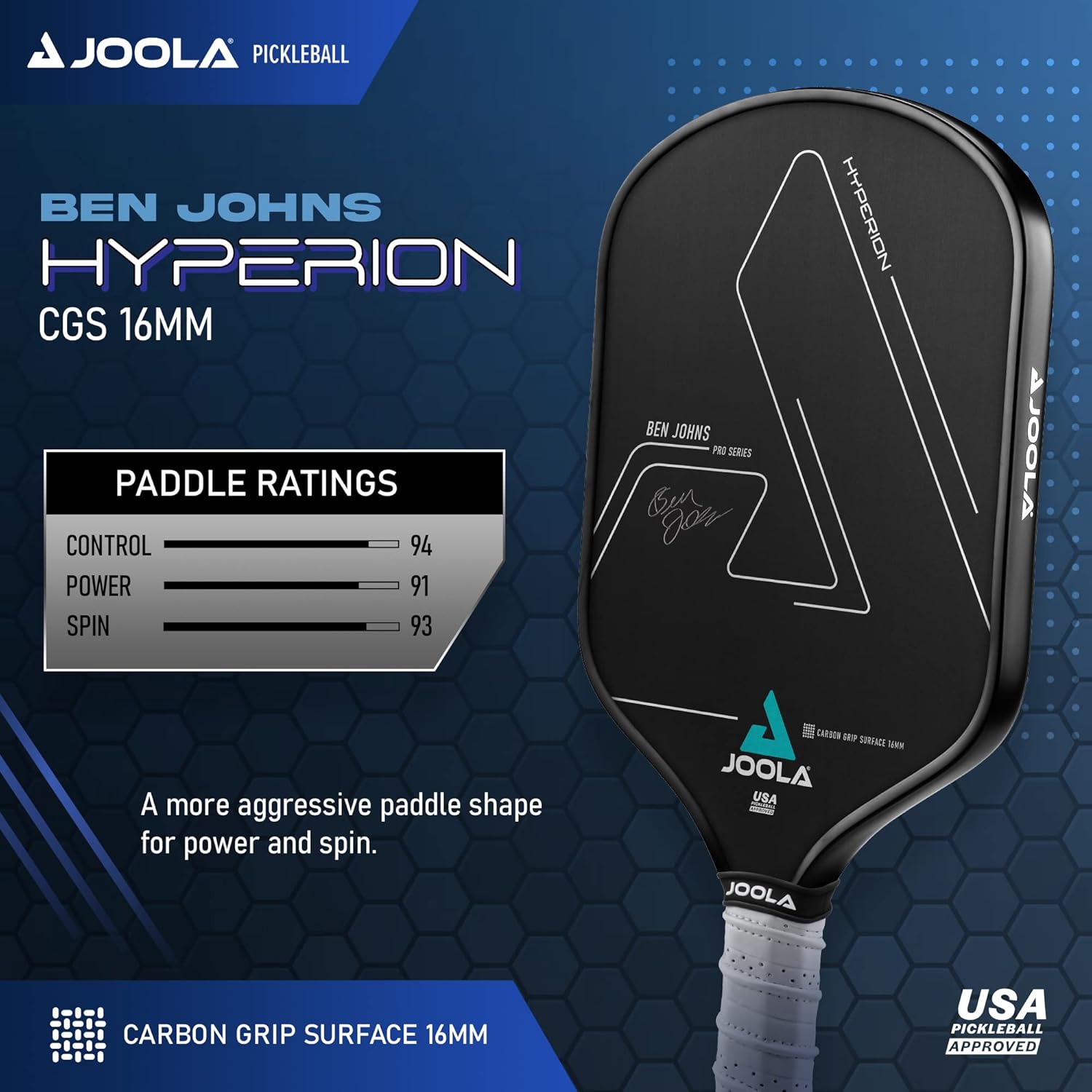 JOOLA Ben Johns Hyperion CGS 16 Pickleball Paddle - Premium Carbon Fiber Surface for Spin & Control - Perfect for Competitive Play & Outdoor Games