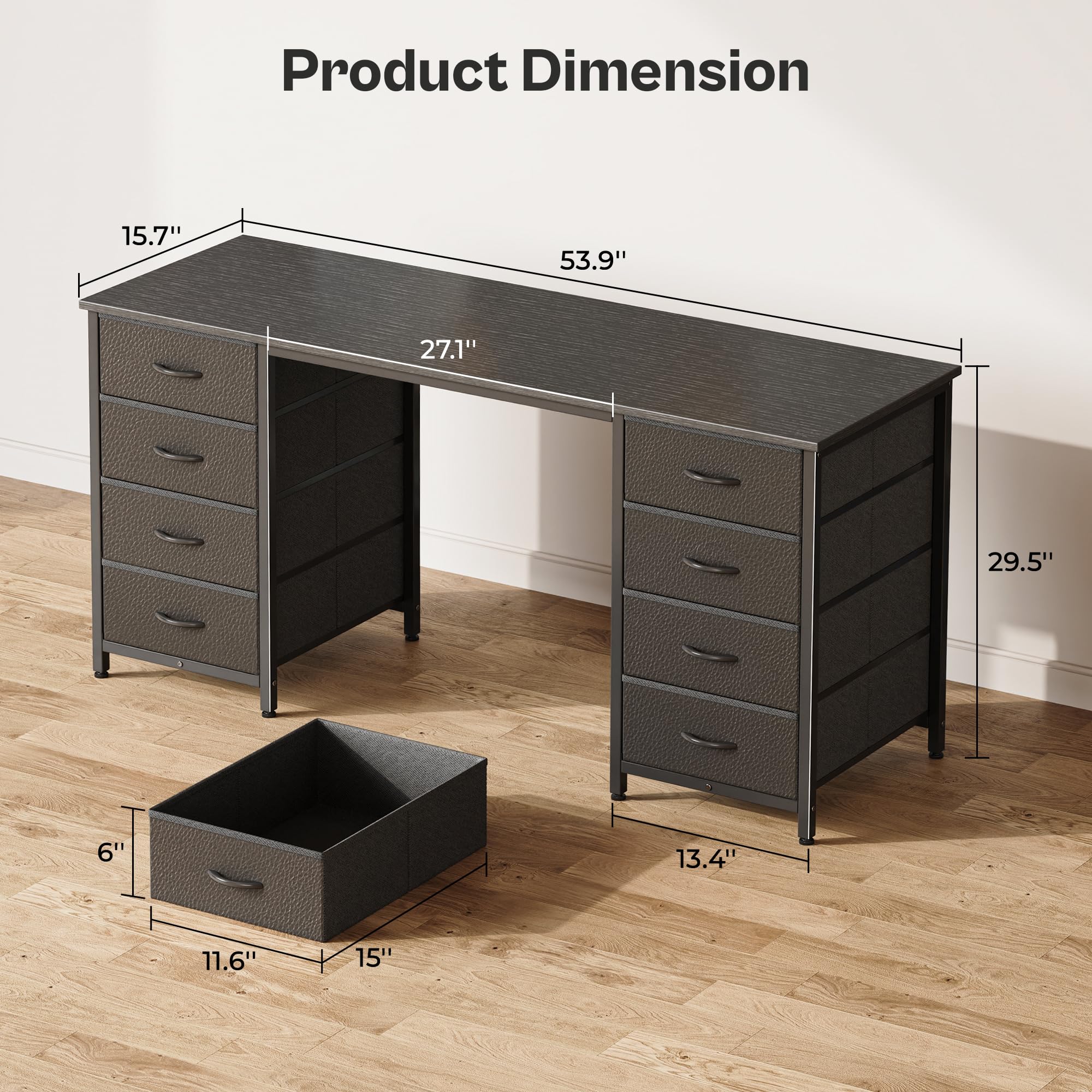 Huuger 55 Inch Computer Desk with 8 Fabric Drawers - Large Home Office Desk for Work, Study & Gaming - Black Storage Desk with Drawers | Perfect for Small Spaces, Remote Work & Gaming Setups