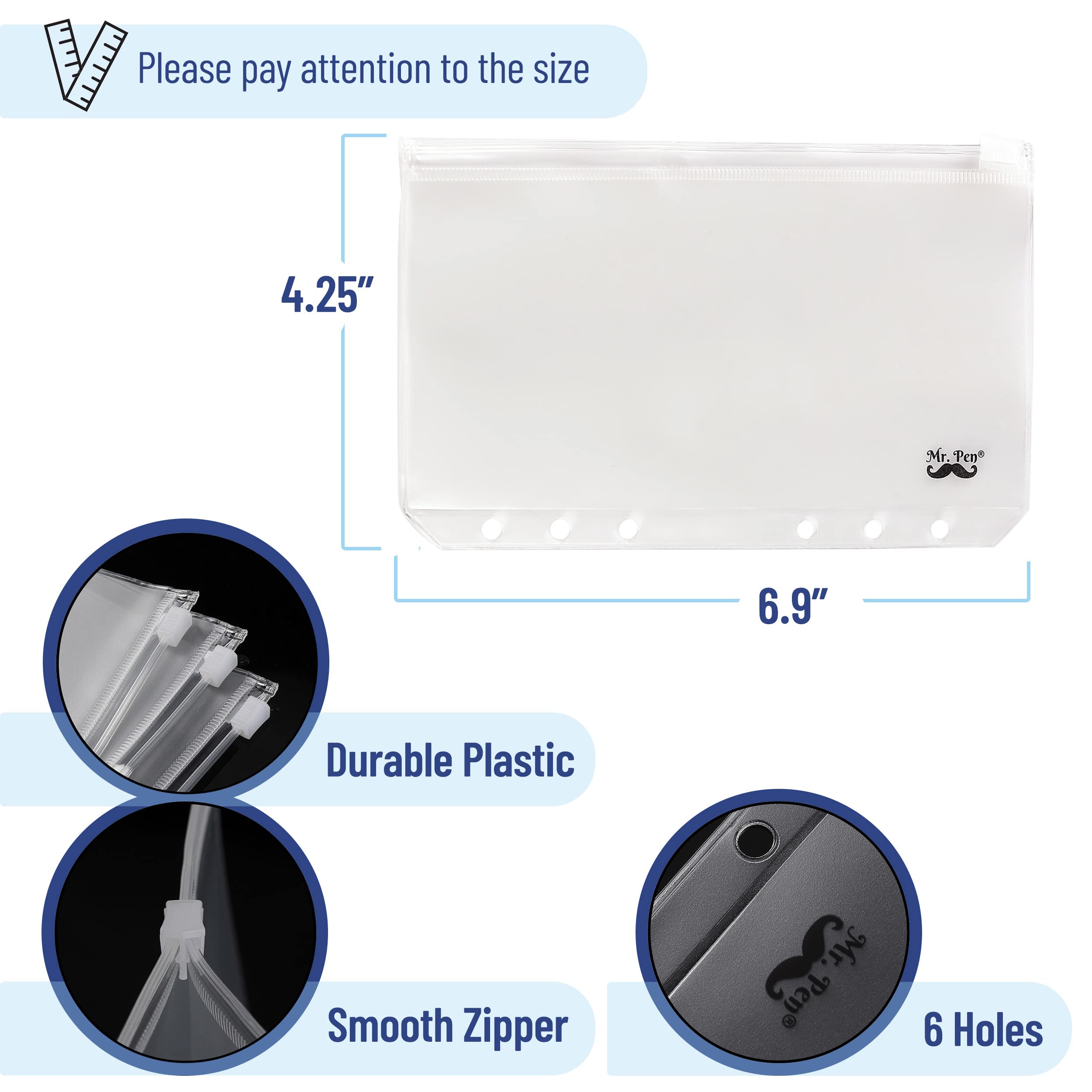 Mr. Pen A6 Binder Pockets - 8 Pack Clear Zipper Envelopes with 6 Holes for Cash, Inserts & Organization | Perfect for Budgeting, School Supplies, Planner Accessories & Document Storage