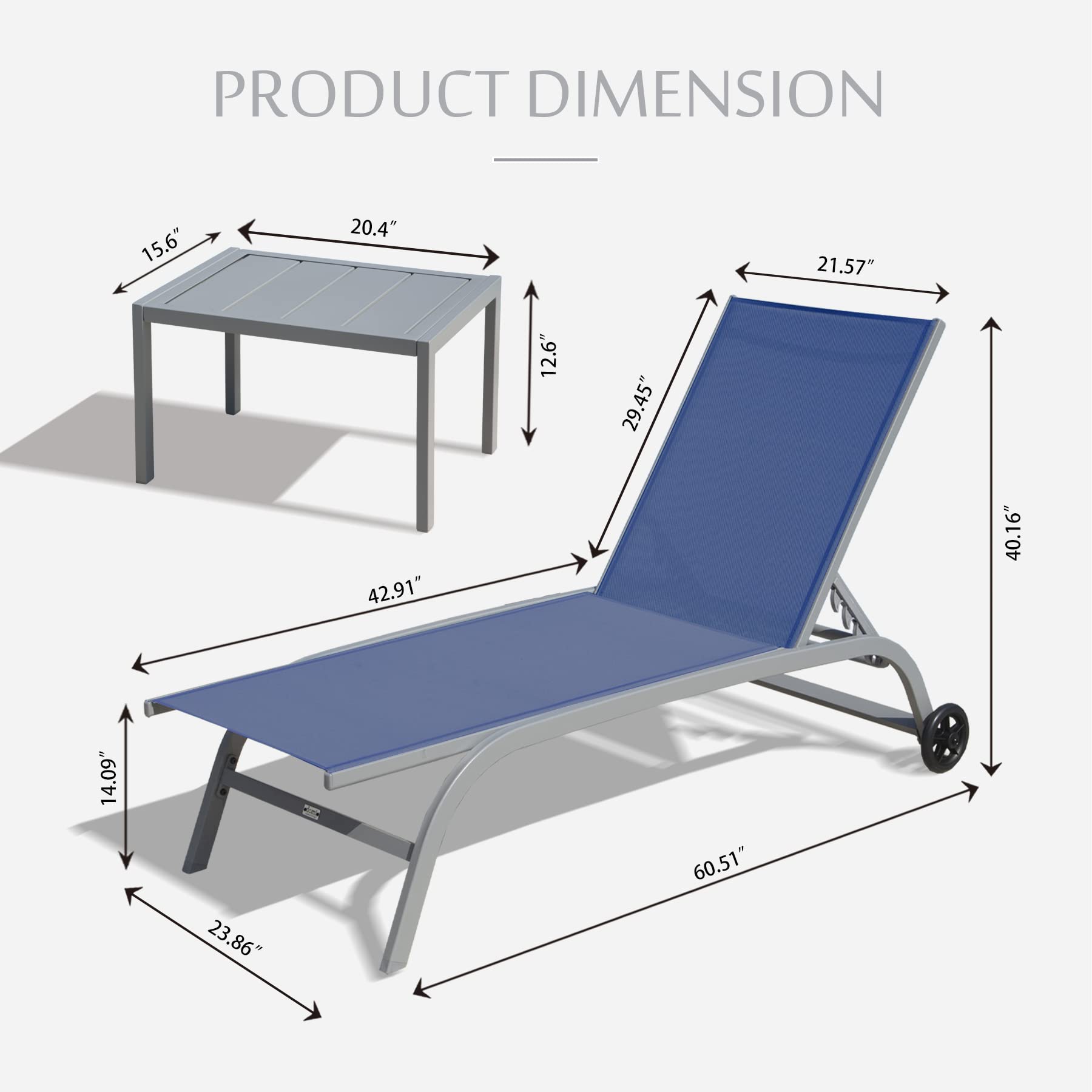 Domi Chaise Lounge Outdoor Set of 3 Adjustable Pool Lounge Chairs with Wheels - Navy Blue Patio Furniture for Beach, Yard & Backyard Relaxation | Perfect for Sunbathing, Poolside Lounging & Outdoor Entertaining
