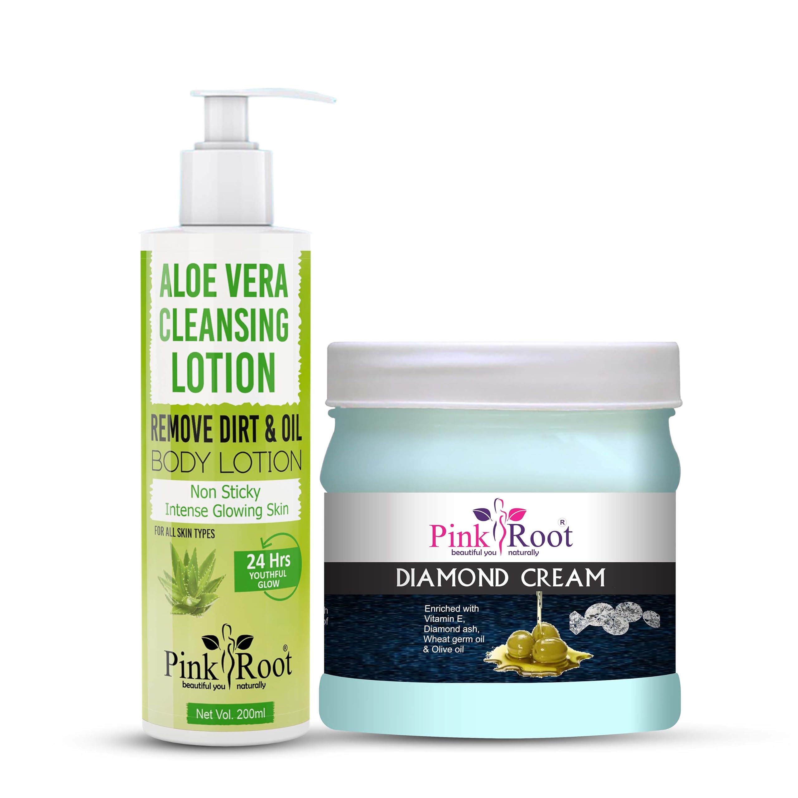 Pink Root Aloe Vera Cleansing Milk 200ml & Diamond Cream 500gm - Hydrating Facial Cleanser & Moisturizer Set for Dry Skin - Perfect for Daily Skincare Routine & Spa Night
