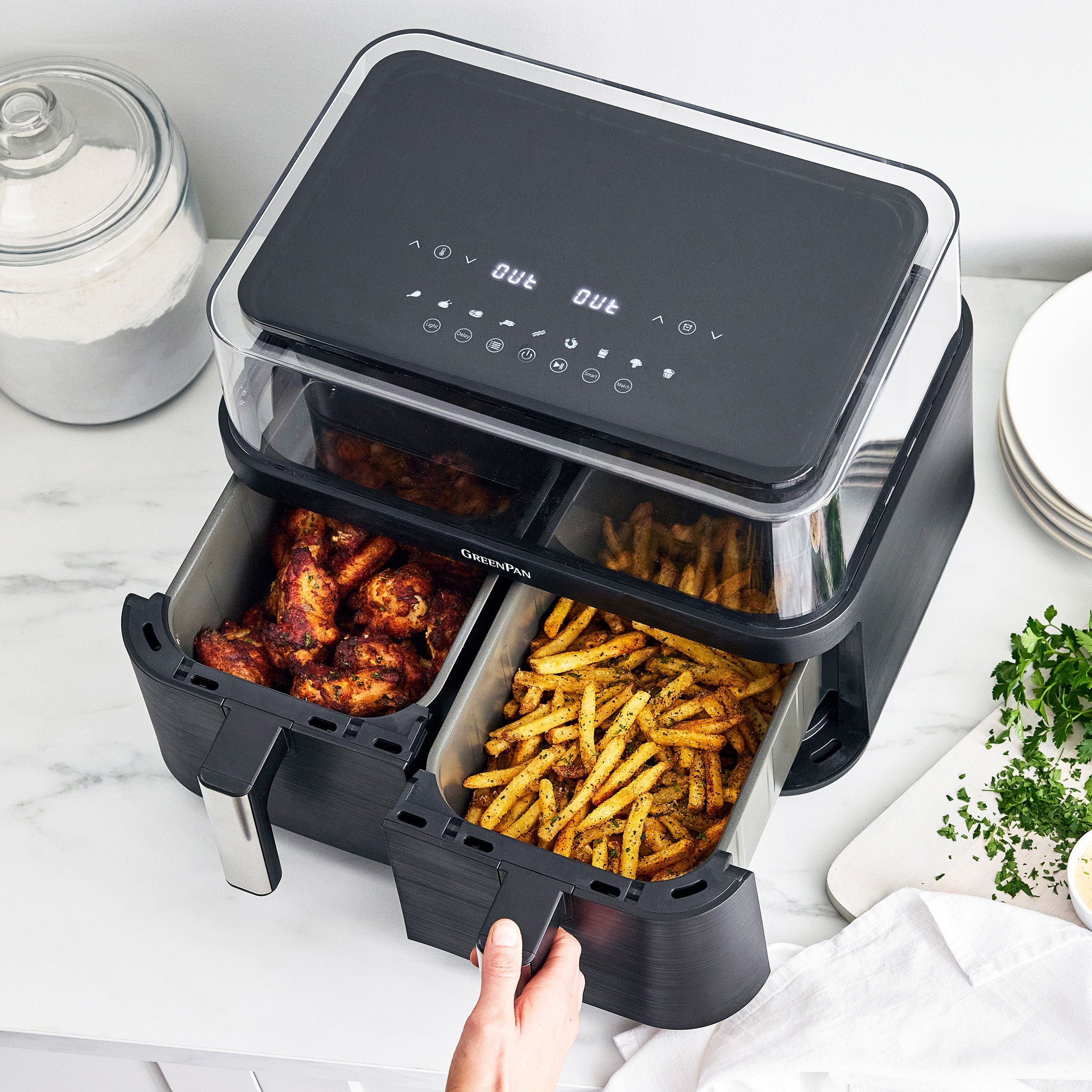 Bistro 10 Quart 360˚ Clear View Double Air Fryer - Large Capacity, Digital Touchscreen, Healthy Cooking for Family Meals, Snacks & Party Foods | Perfect for Roasting, Baking, Grilling & Reheating