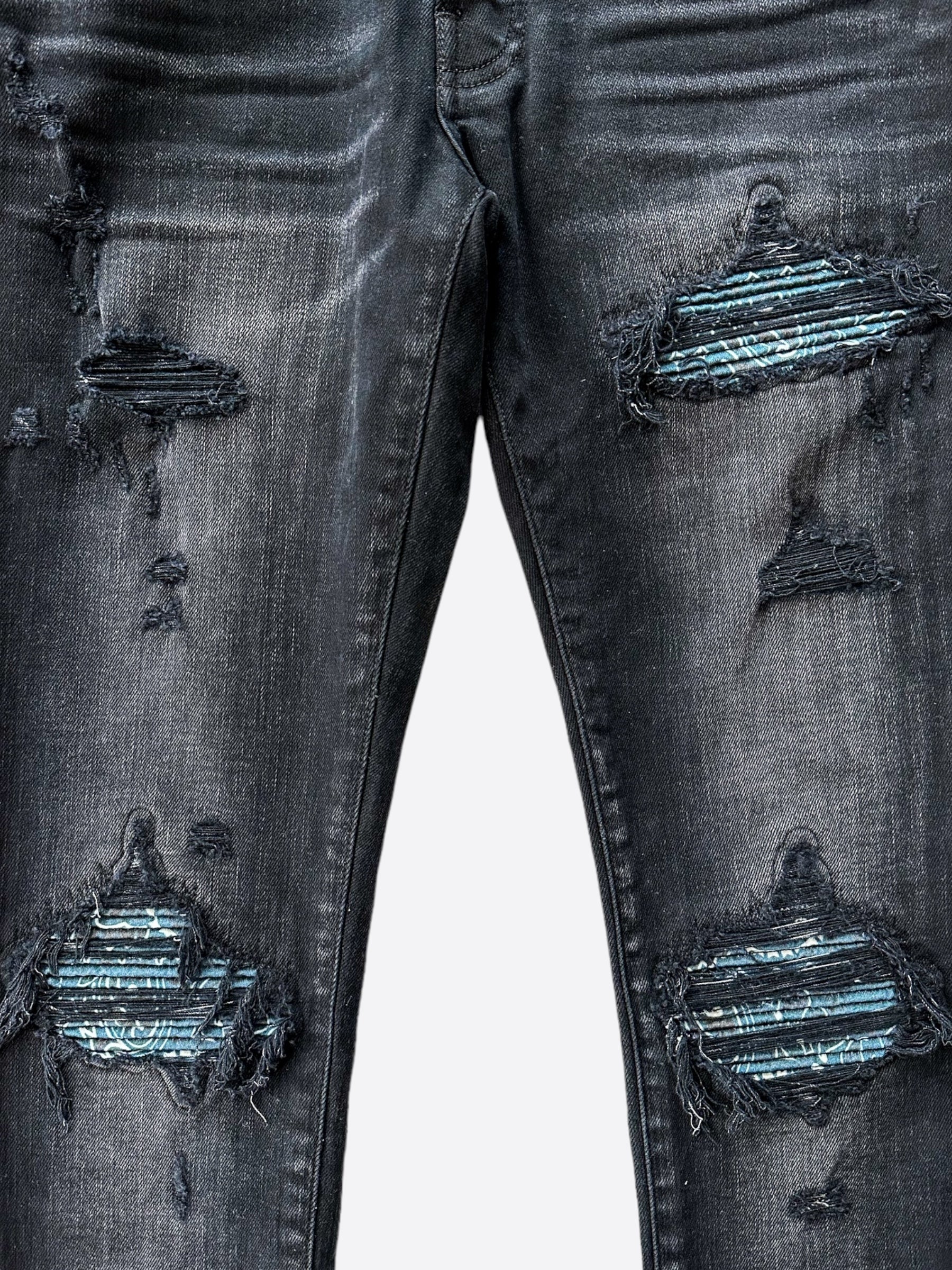 Amiri Aged Black Bandana Patch MX1 Jeans for Men - Premium Distressed Denim Pants with Unique Design | Perfect for Casual Wear, Street Style & Night Out