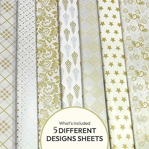 QUAKEL (QKL-05) Premium Gift Wrapping Paper Roll - 5 Sheets Mix Design with 5 Ribbons & 5 Stickers - Christmas Birthday Holiday Present Wrapping Paper for Gifts, Parties, Weddings & Special Occasions