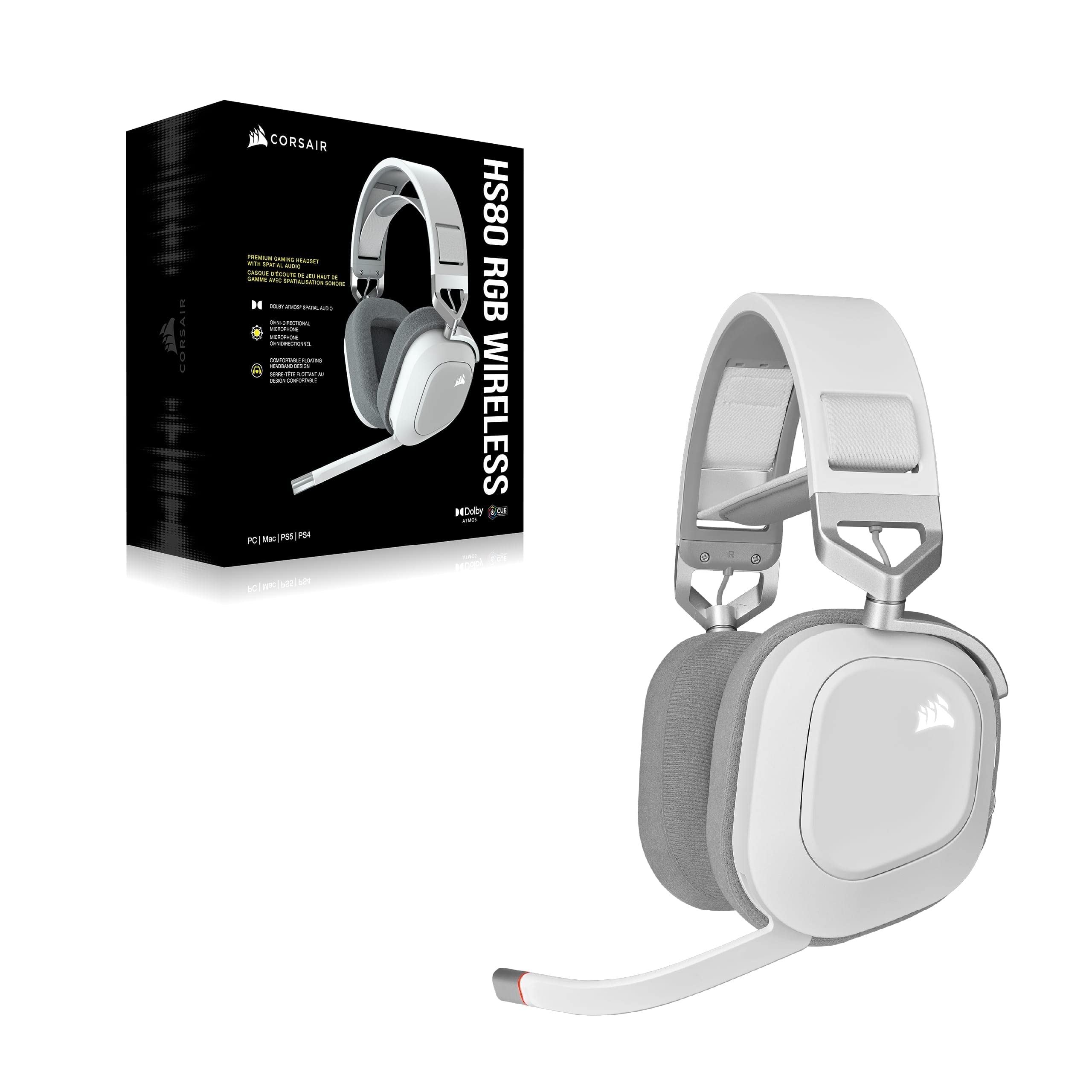 Corsair HS80 RGB Wireless Gaming Headset with Dolby Atmos - Low Latency, Omnidirectional Mic, 20H Battery, PS5/PS4 Compatible (White) - Perfect for Competitive Gaming & Immersive Movie Nights