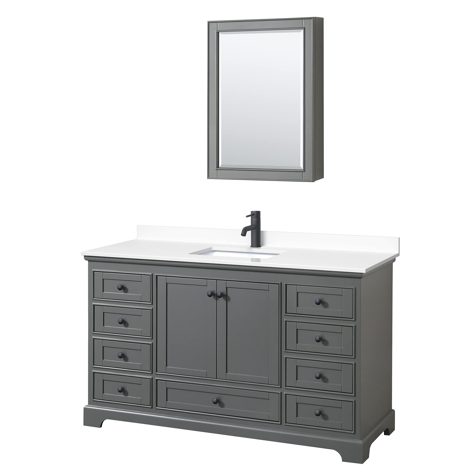 Wyndham Collection Deborah 60 Inch Single Bathroom Vanity - Dark Gray with White Cultured Marble Countertop, Undermount Square Sink & Matte Black Trim | Modern Bathroom Storage Solution for Small Spaces, Powder Rooms & Master Baths