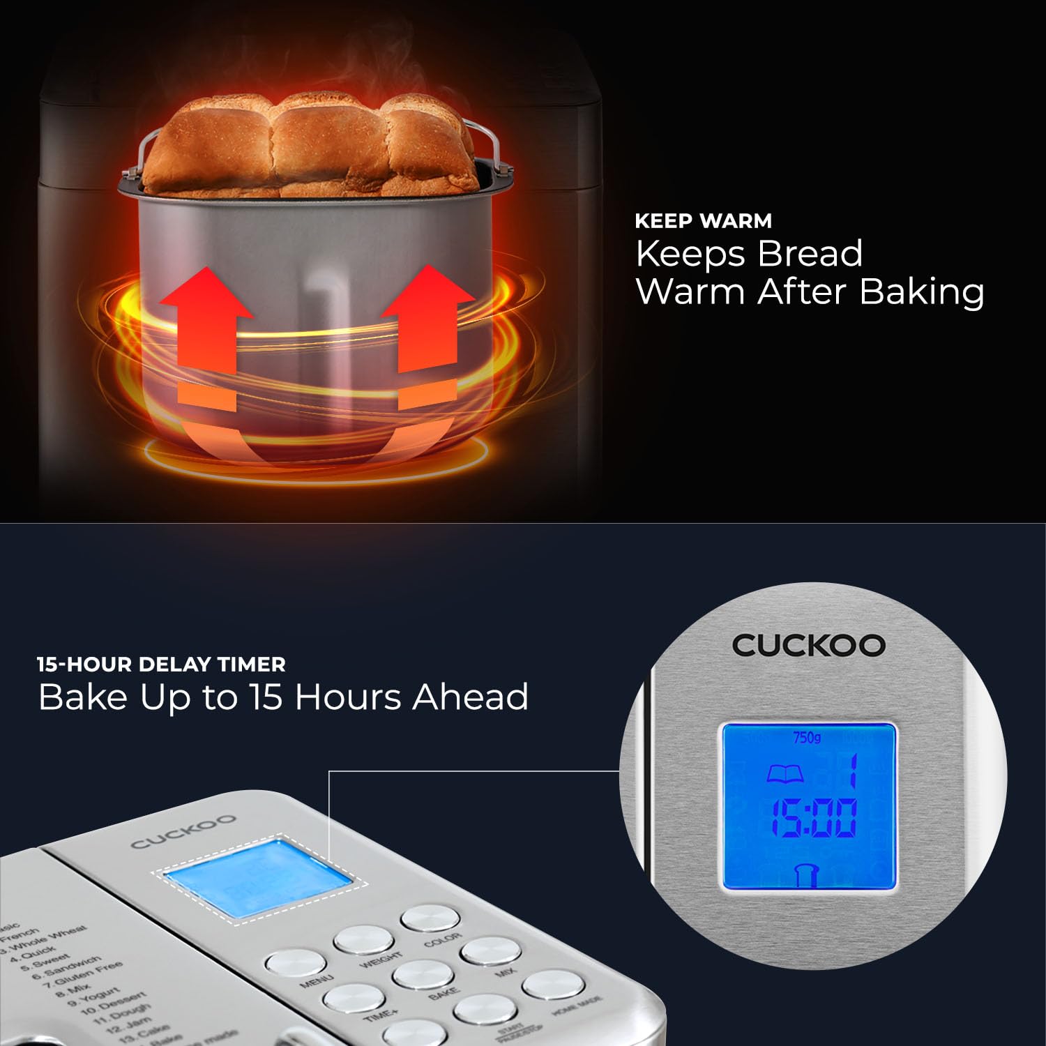 CUCKOO 2 lbs Bread Maker Machine with 15 Menu Options & 3 Crust Colors - Automatic Fruit Nut Dispenser - 6 Accessories Included - Perfect for Sourdough, White Bread & Gluten-Free Baking (CBM-AAB101S) - Ideal for Home Baking, Breakfast & Family Gatherings