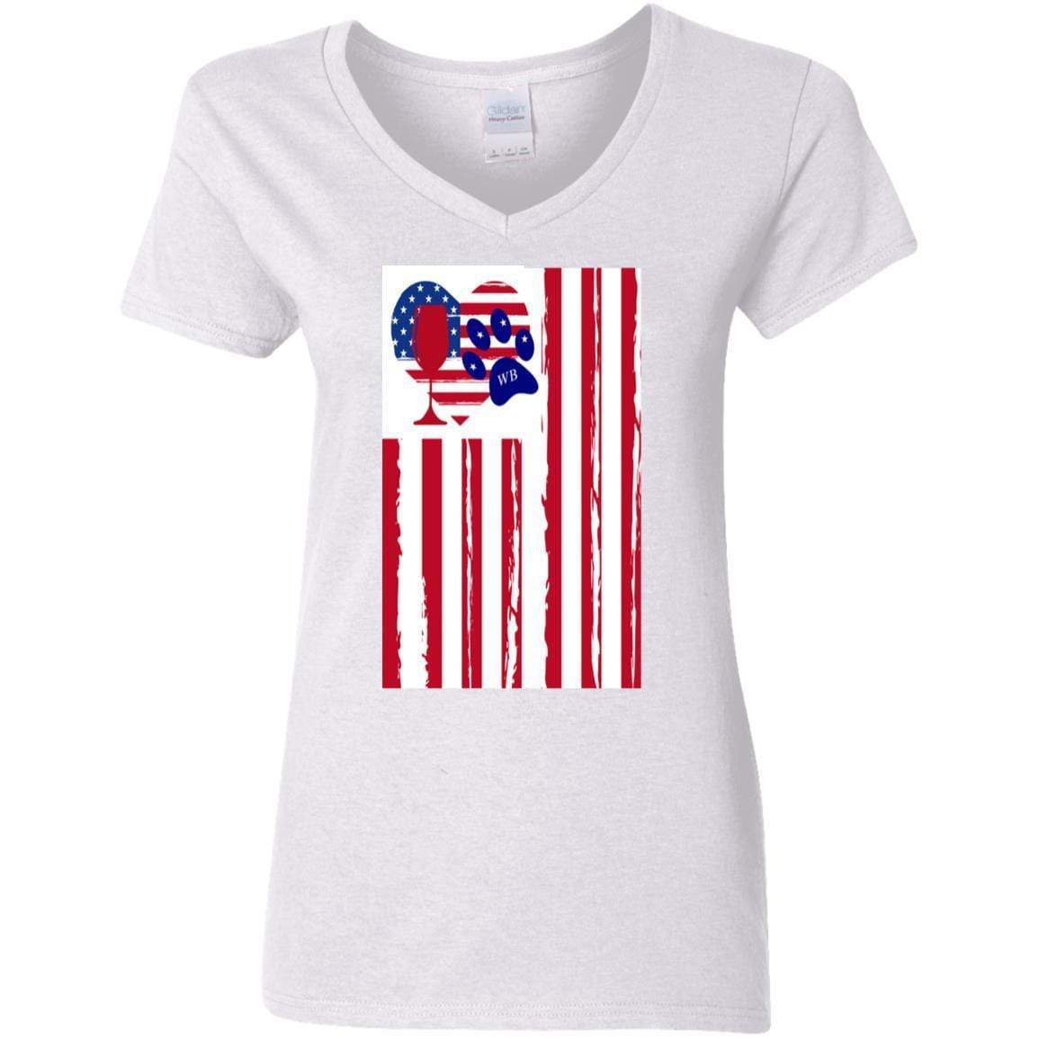 American Flag Wine Paw Heart V-Neck T-Shirt for Women - 5.3 oz Soft Cotton Ladies Tee - Perfect for 4th of July, Patriotic Events & Wine Lovers