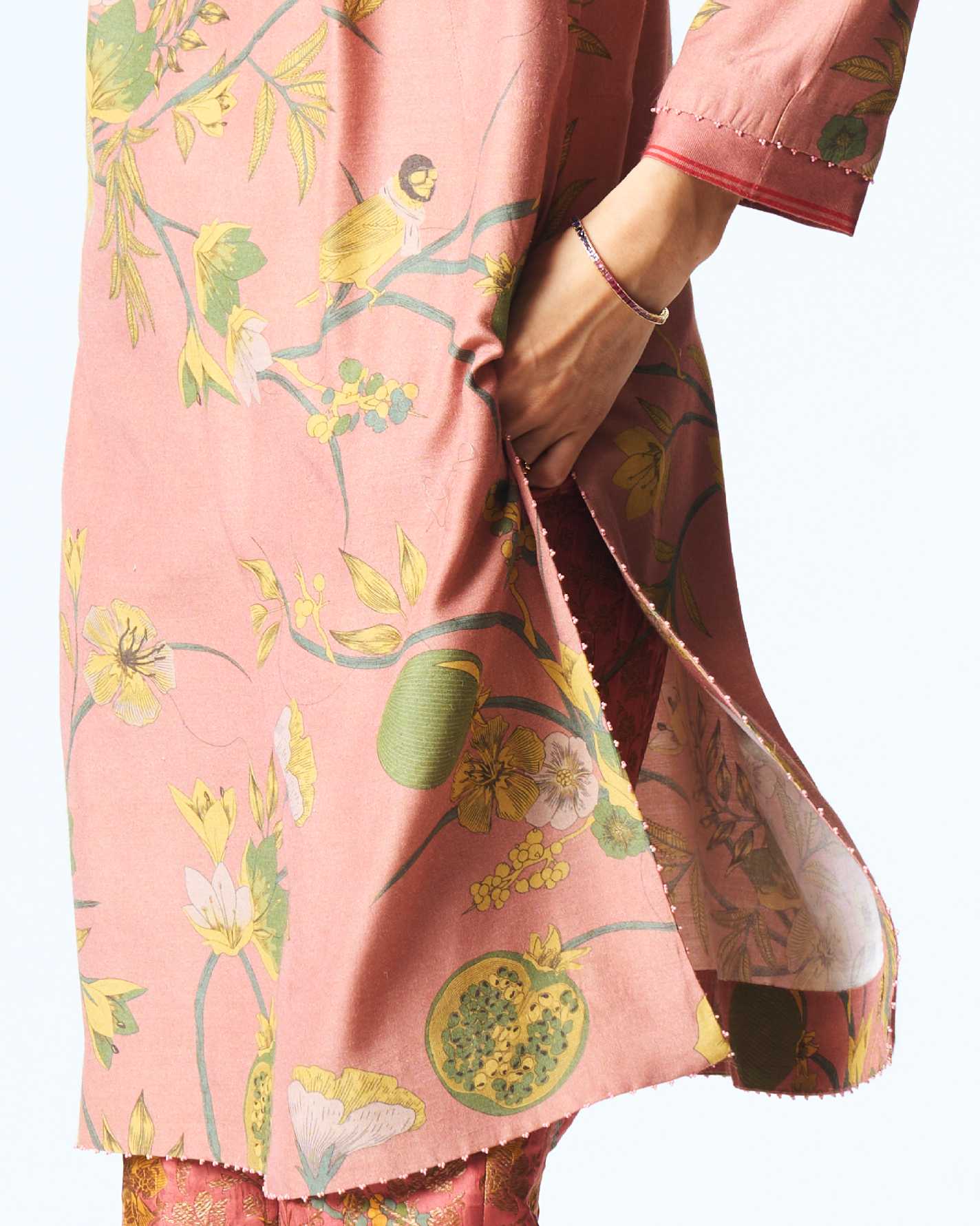 Elegant V Neck Kurta in Luxurious Muga Satin with Rose Design - Perfect for Festive Occasions, Weddings & Cultural Events
