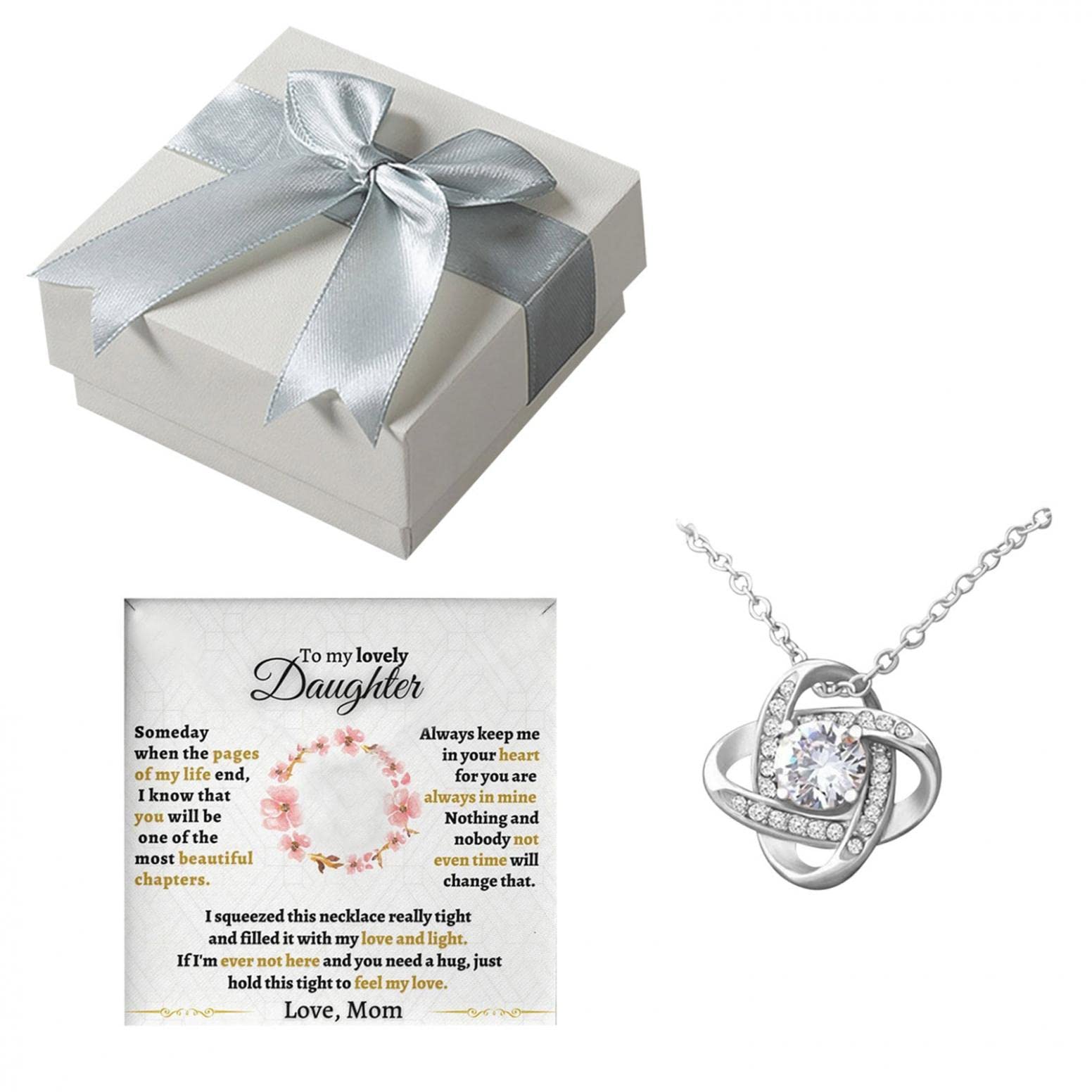 Personalized Love Knot Necklace for Daughter - Engraved Gift from Mom & Dad with Greeting Card & Gift Box (Set F) | Birthday, Graduation, Christmas Jewelry Present