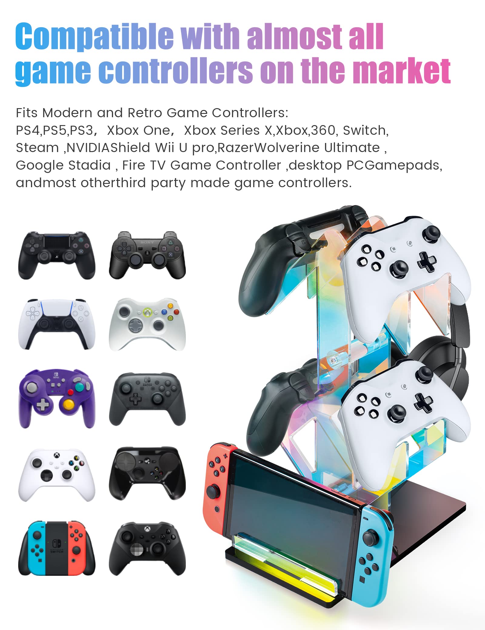 NiHome Iridescent Acrylic 2-Tier Universal Game Controller and Headset Holder Stand - Modern Storage Organizer for PS5, Xbox ONE, Nintendo Switch Controllers & Headphones - Anti-Slip Stable Gaming Accessory Rack - Perfect for Gaming Setup and Living Room Organization