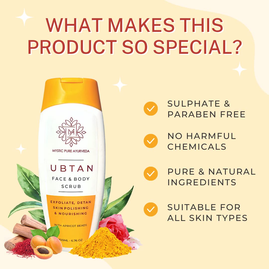Mystic Pure Ayurveda Ubtan Face and Body Scrub with Apricot Beads - 200g | Natural Exfoliator for De-Tan & Glowing Skin | Revitalizing & Brightening Formula | Perfect for Daily Skincare & Spa Treatments