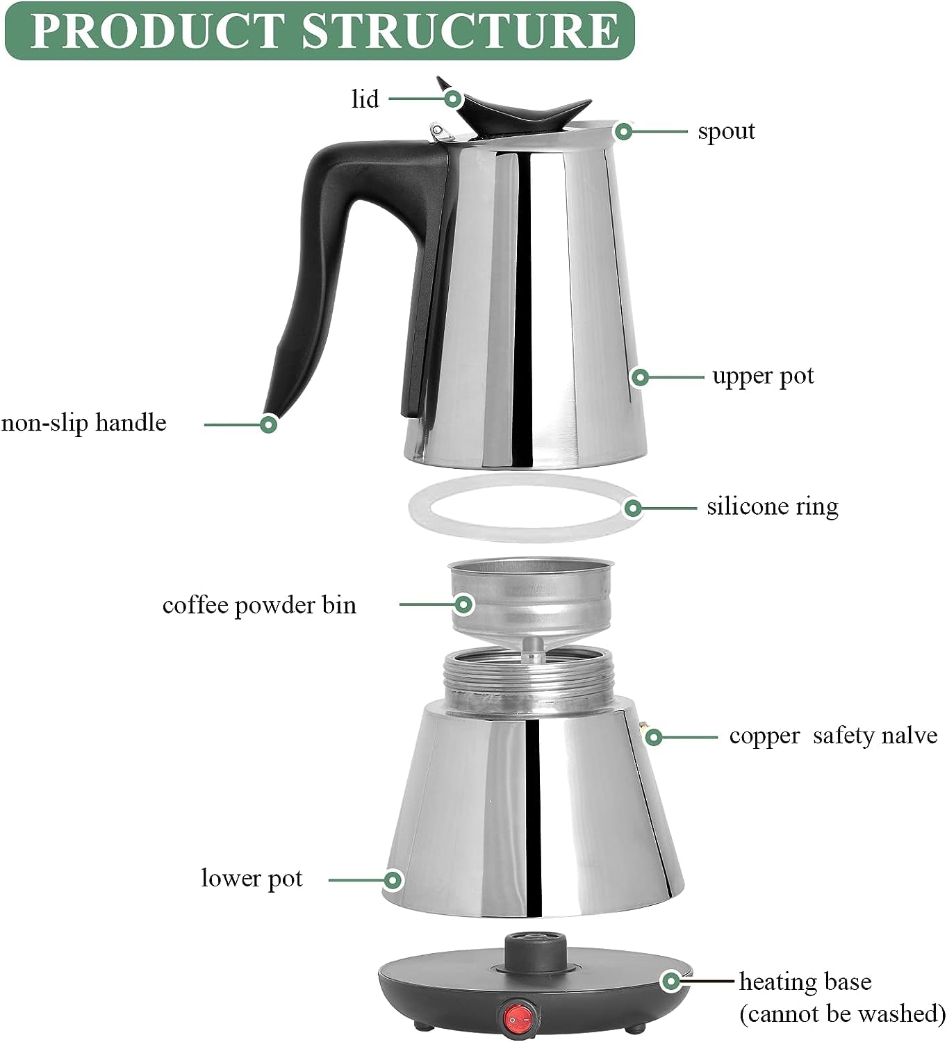 MXBAOHENG 6 Cup Stainless Steel Electric Moka Pot - 220V Espresso Coffee Maker for Home & Office Use | Perfect for Italian Style Coffee, Camping, Gifts & Small Kitchens