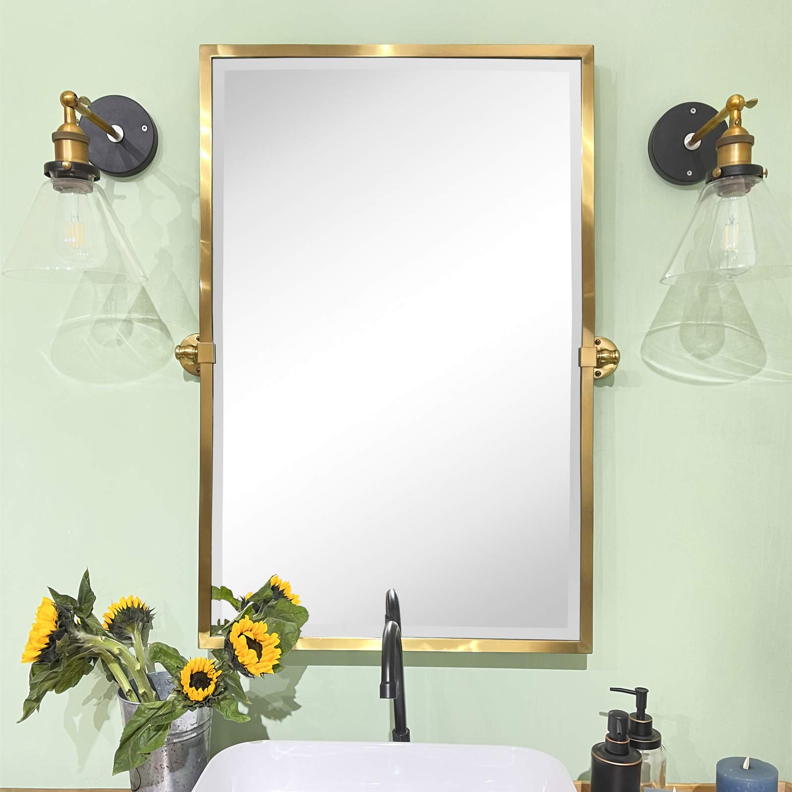 TEHOME 28.5 x 36 Inch Brushed Gold Pivot Mirror - Rectangle Tilt Bathroom Wall Mirror with Metal Frame, Beveled Edge for Vanity, Bedroom & Dressing Room - Perfect for Makeup, Shaving & Home Decor