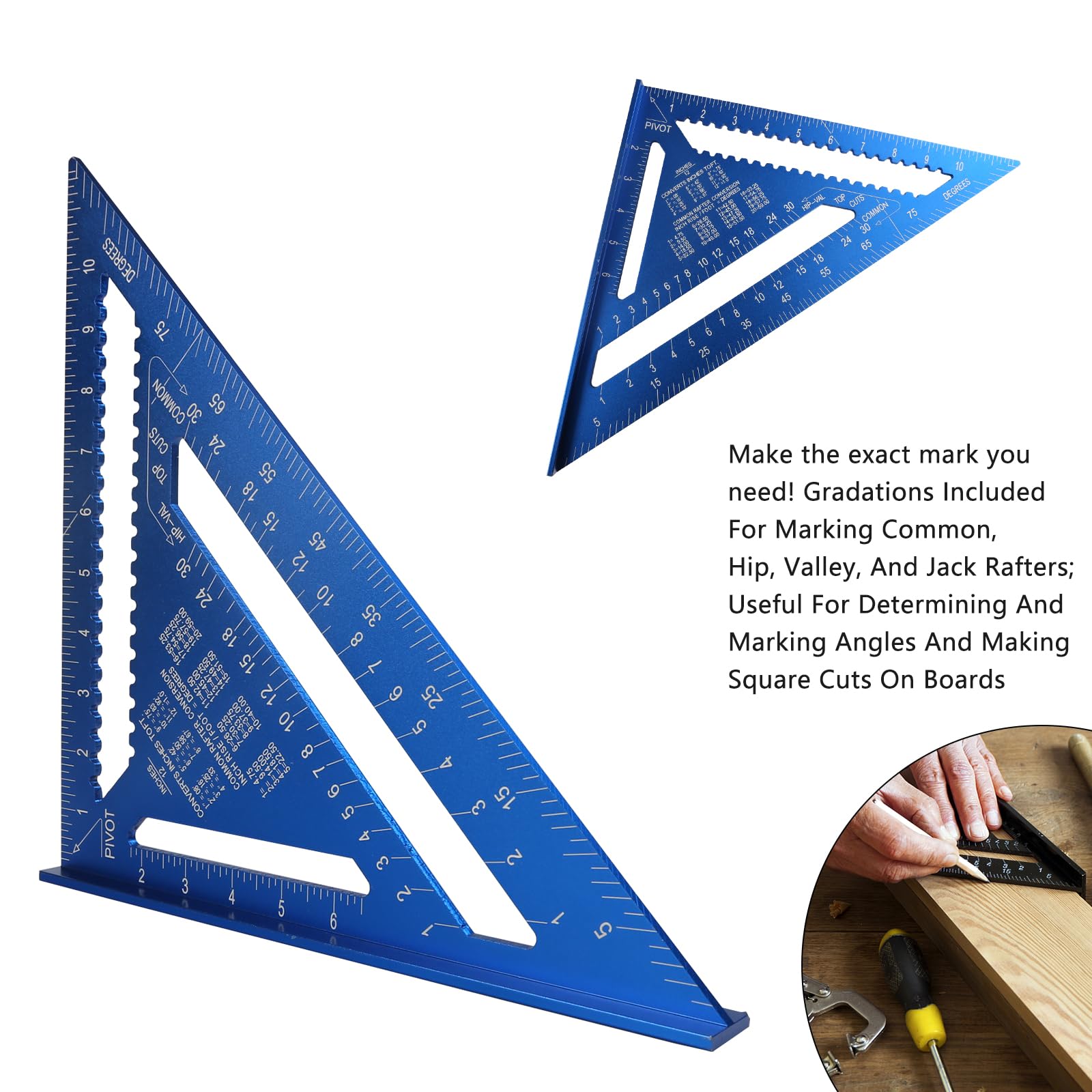 12-Inch Alloy Metal Carpenter Square - SAE & Metric Triangle Ruler with Protractor for Woodworking, Construction & DIY Projects | Blue Layout Tool for Precise Measuring & Angle Marking