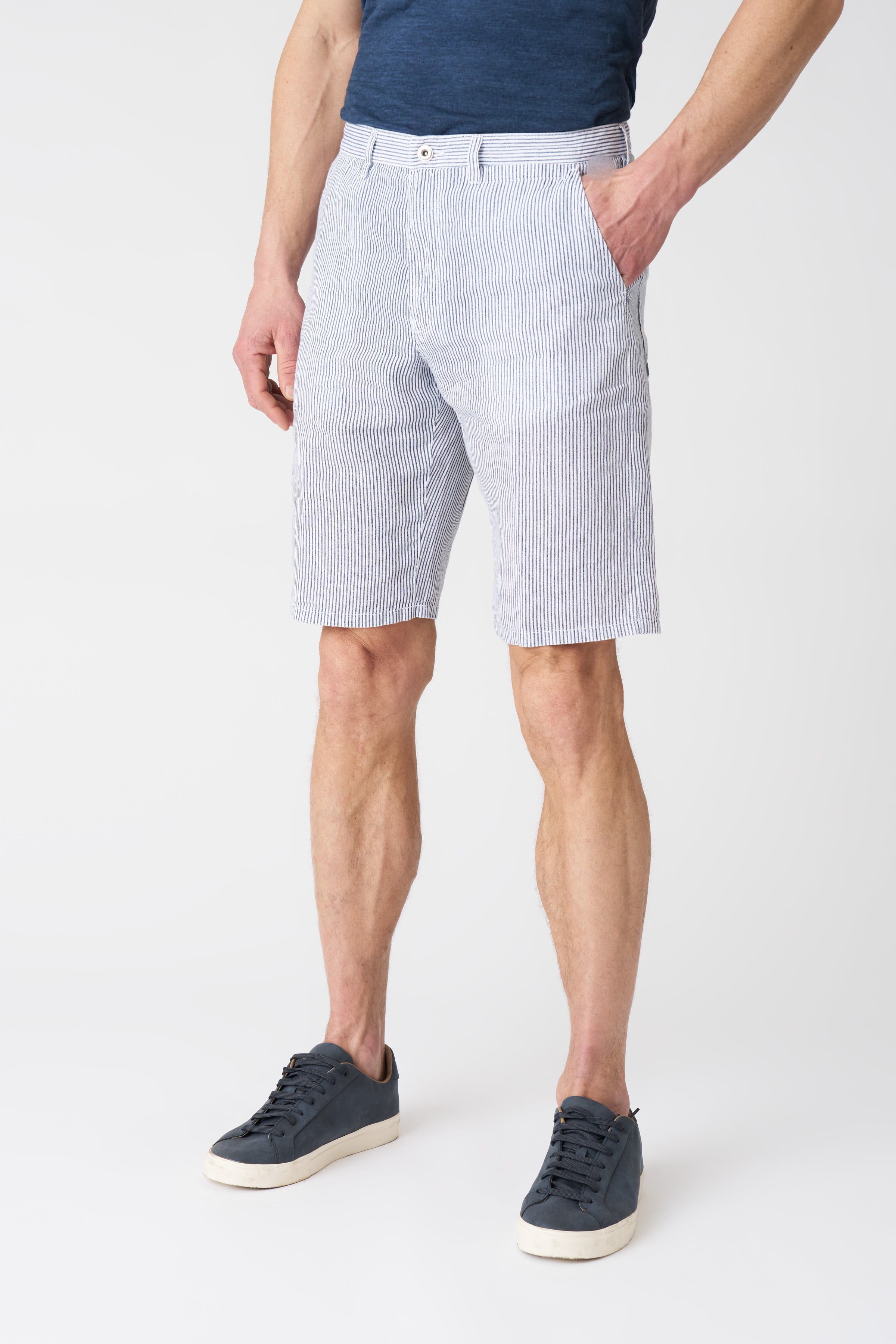 Navy Blue Striped Linen Shorts for Men - Breathable Summer Casual Shorts - Perfect for Beach, Vacation, and Outdoor Activities