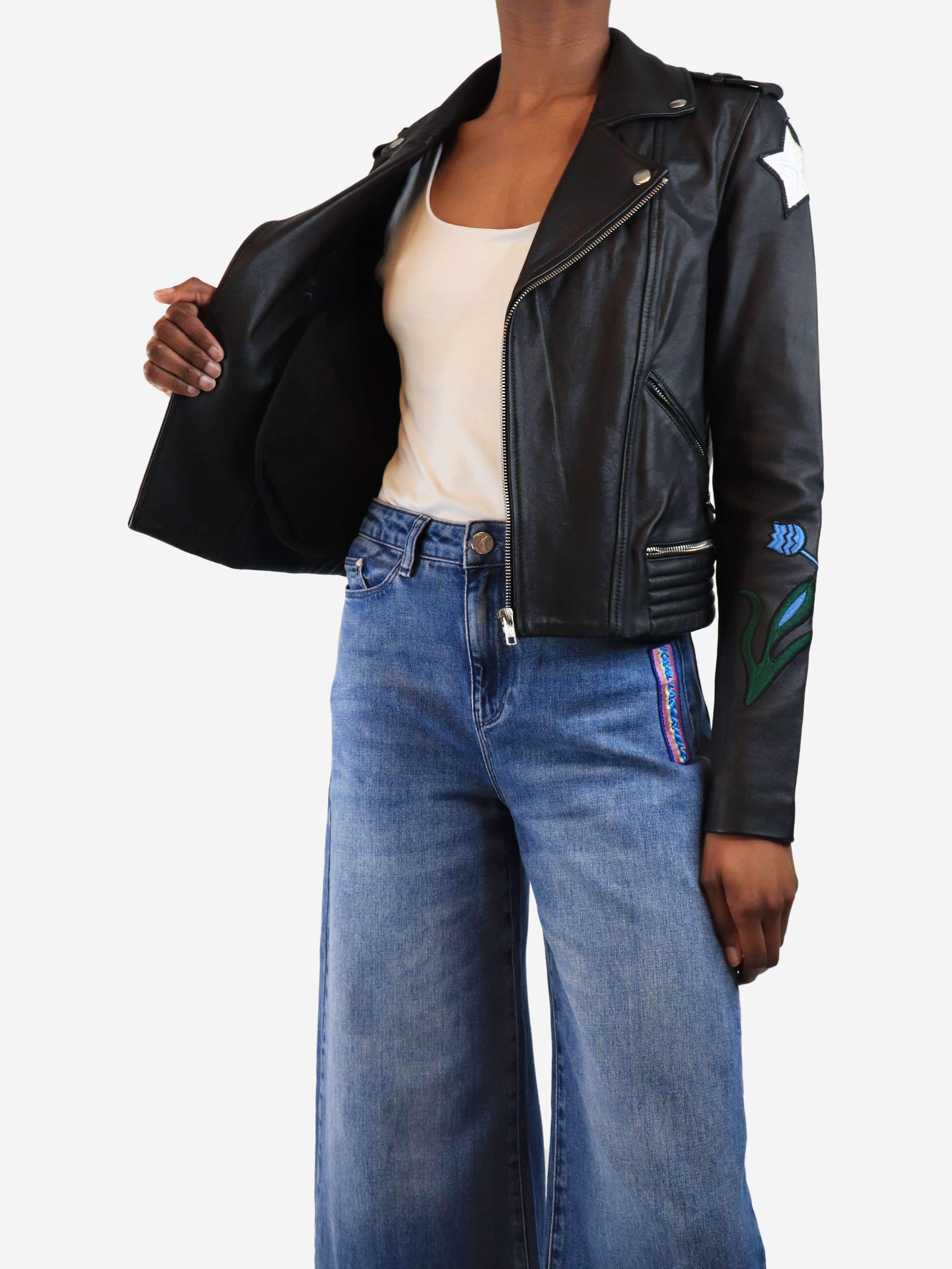 Black Leather Embroidered Biker Jacket for Women - Size UK 6 (US 4) - Stylish Motorcycle Jacket for Riding, Night Out & Fashion Statement