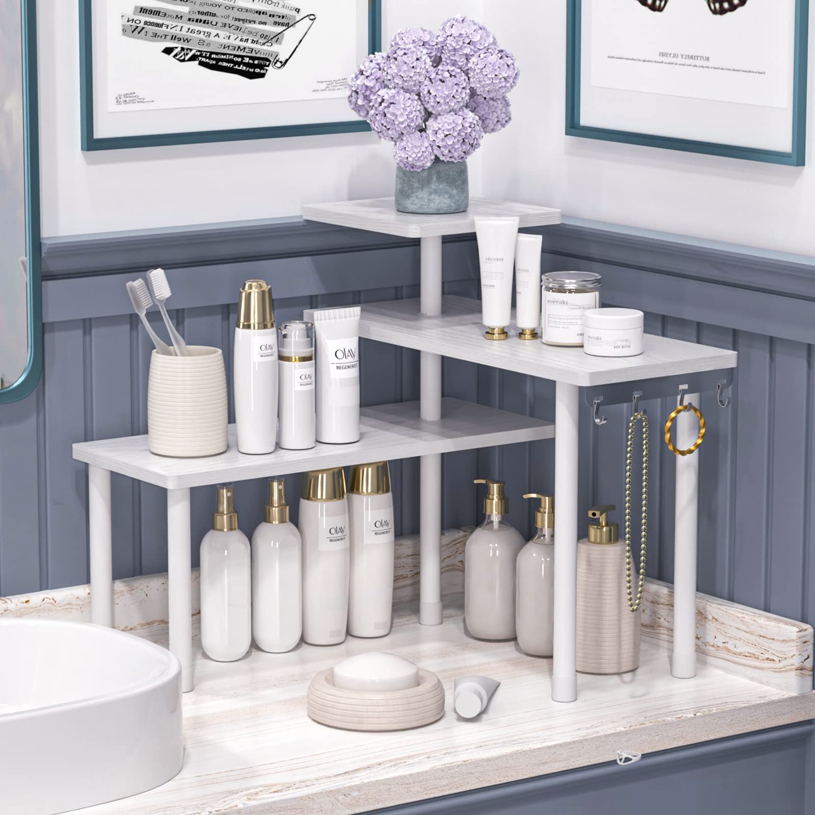 JayRex 3-Tier Bathroom Organizer Shelf - Adjustable Corner Countertop Storage for Makeup, Cosmetics, Skincare | Perfect for Vanity, Dresser, Bedroom & Bathroom Organization (White)