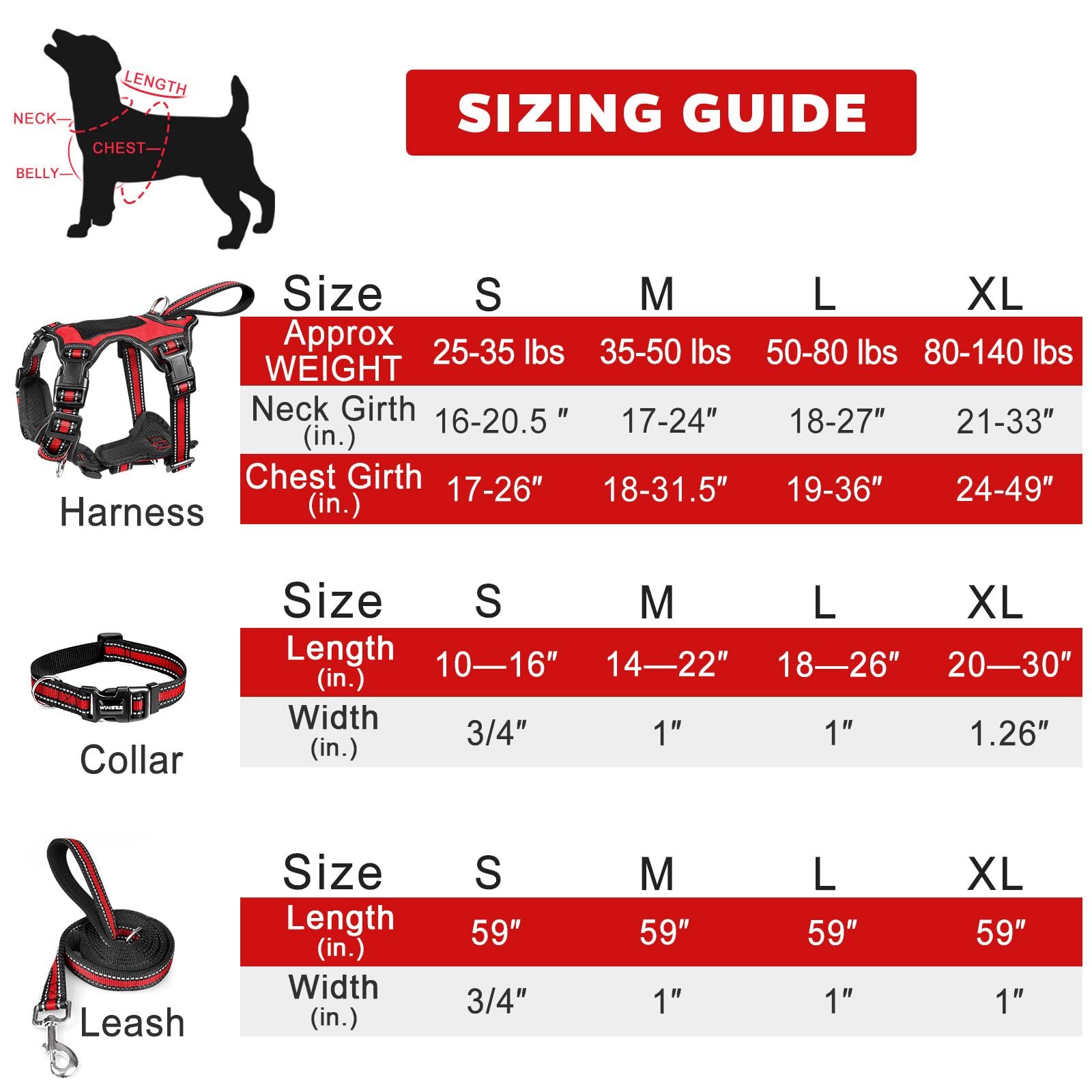 WINSEE Reflective No-Pull Dog Harness Collar and Leash Set - Adjustable Pet Vest for Small, Medium, Large & X-Large Dogs - Perfect for Walking, Running, Training & Outdoor Adventures (Red)