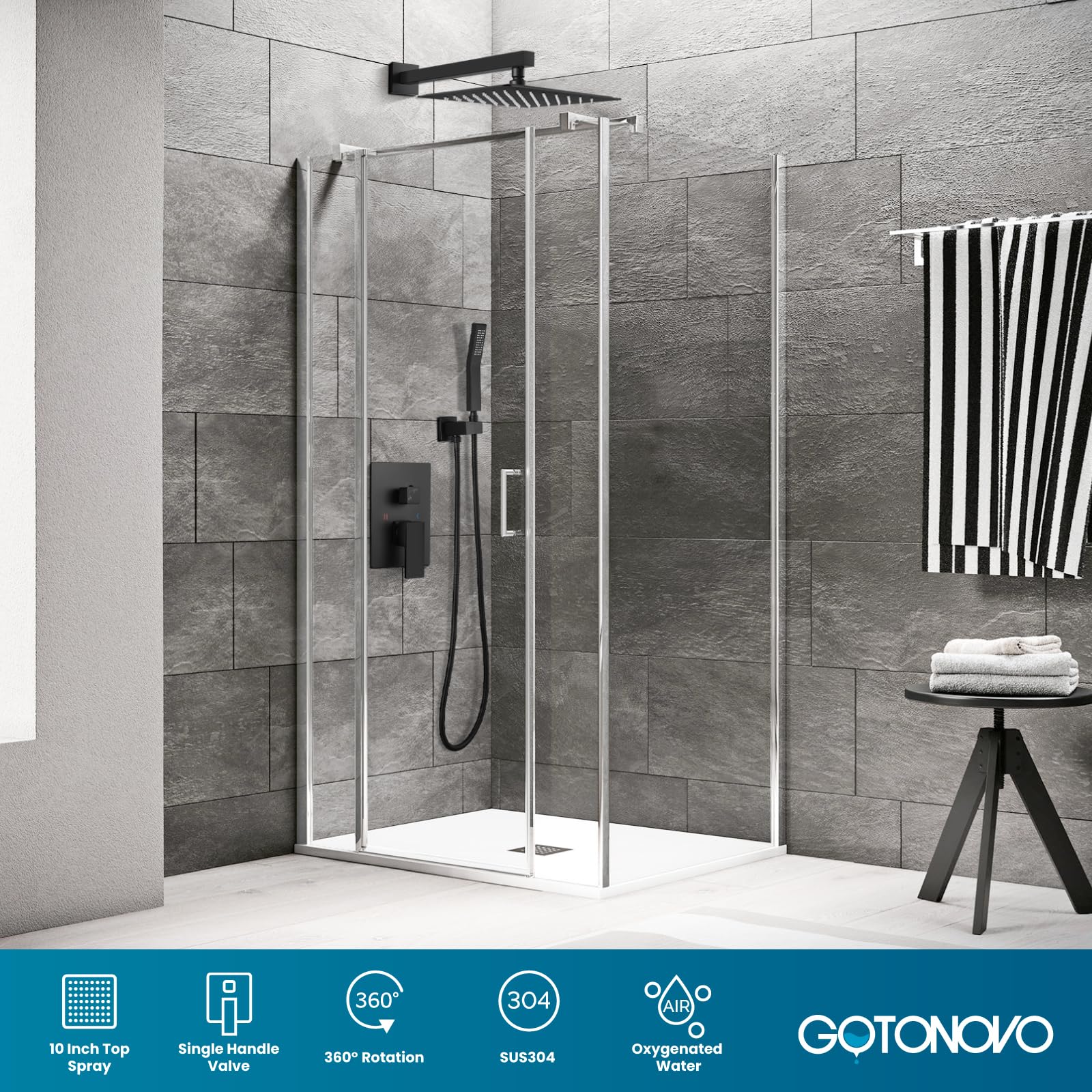Gotonovo 10 Inch Matte Black Rainfall Shower System - Wall Mounted Shower Head and Handle Combo with Solid Brass Pressure Balancing Mixer Valve | Perfect for Modern Bathroom Renovation & Spa-Like Shower Experience