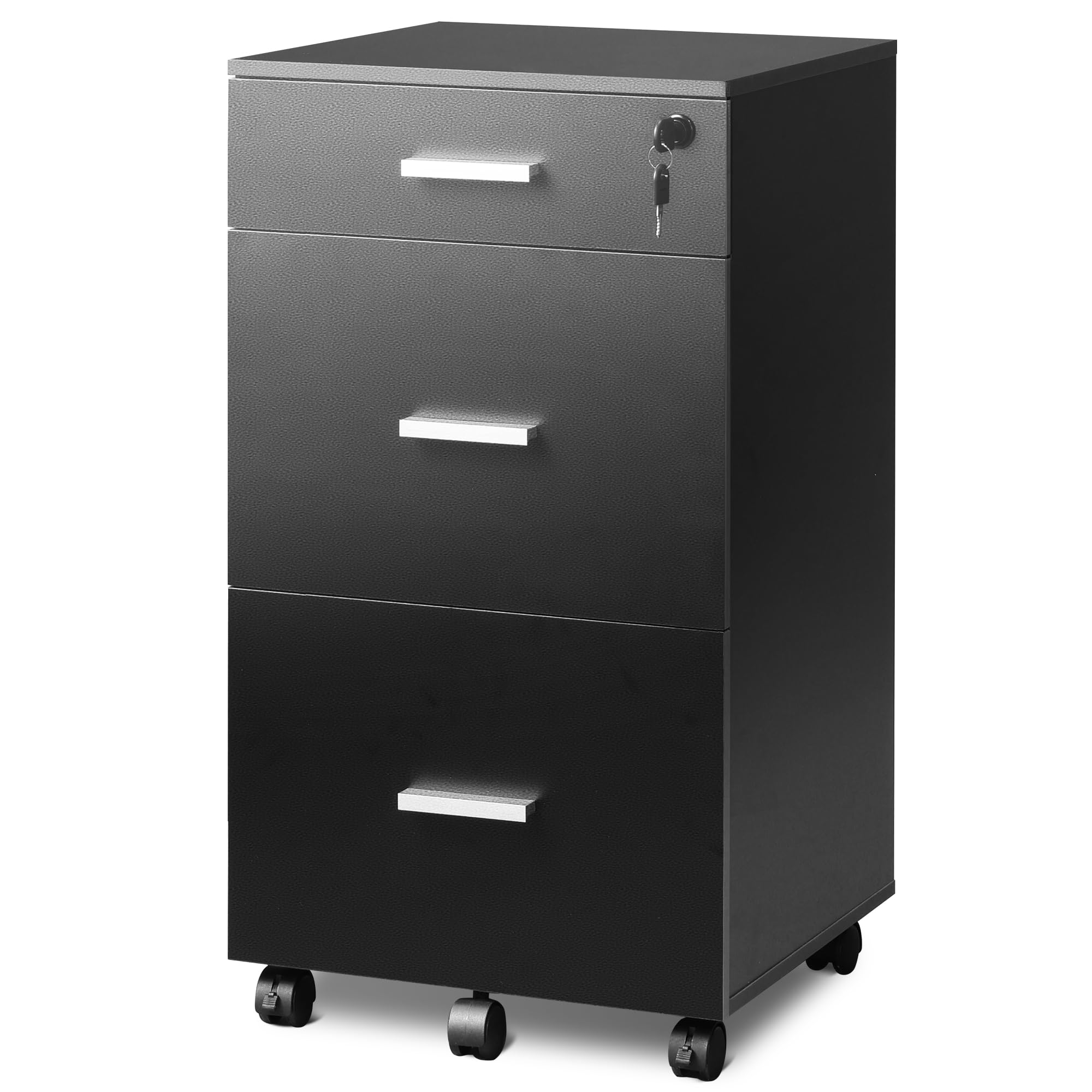 DEVAISE 3-Drawer Rolling File Cabinet with Lock - Wooden Letter/A4 Size Home Office Storage - Black - Perfect for Organizing Documents in Small Spaces & Offices