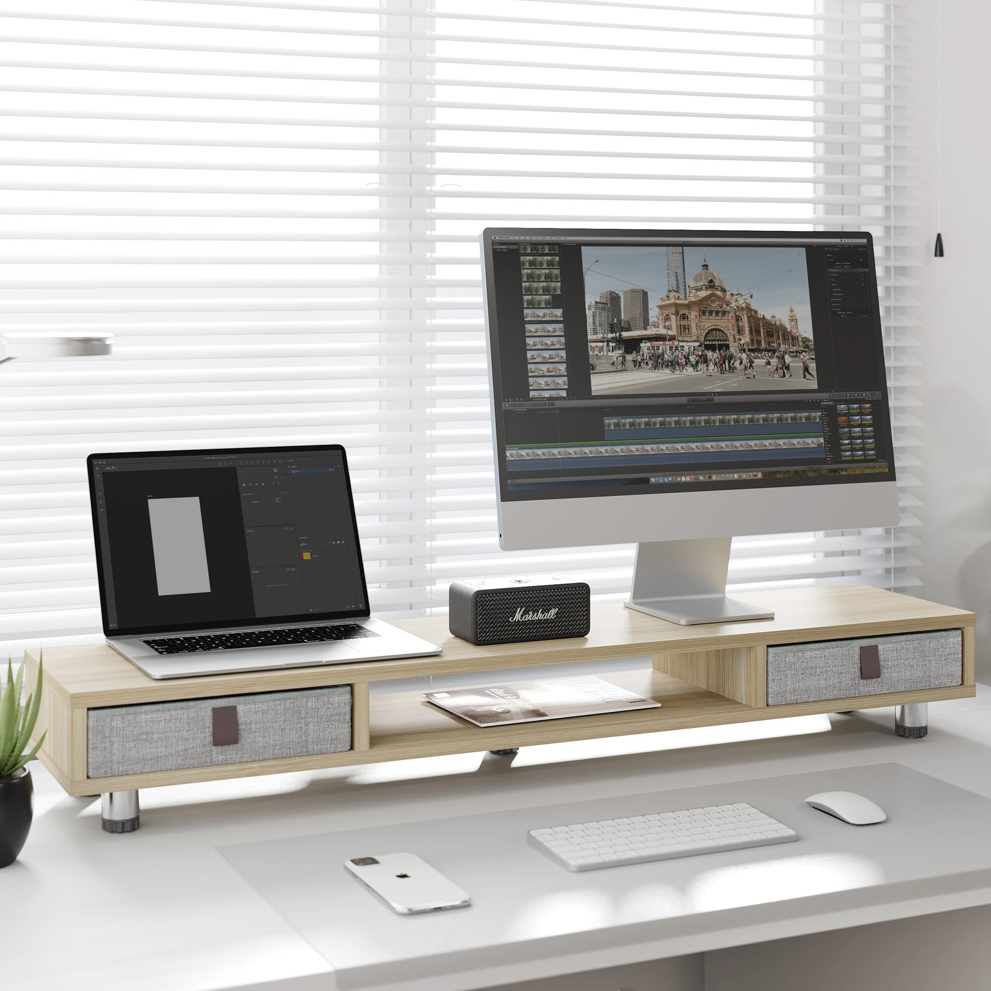 FENGE Dual Monitor Stand with 2 Drawers - Adjustable Height Oak Wood Monitor Riser for 2 Monitors, Computer, Laptop, PC, TV & Printer - Perfect for Home Office, Gaming Setup & Workspace Organization