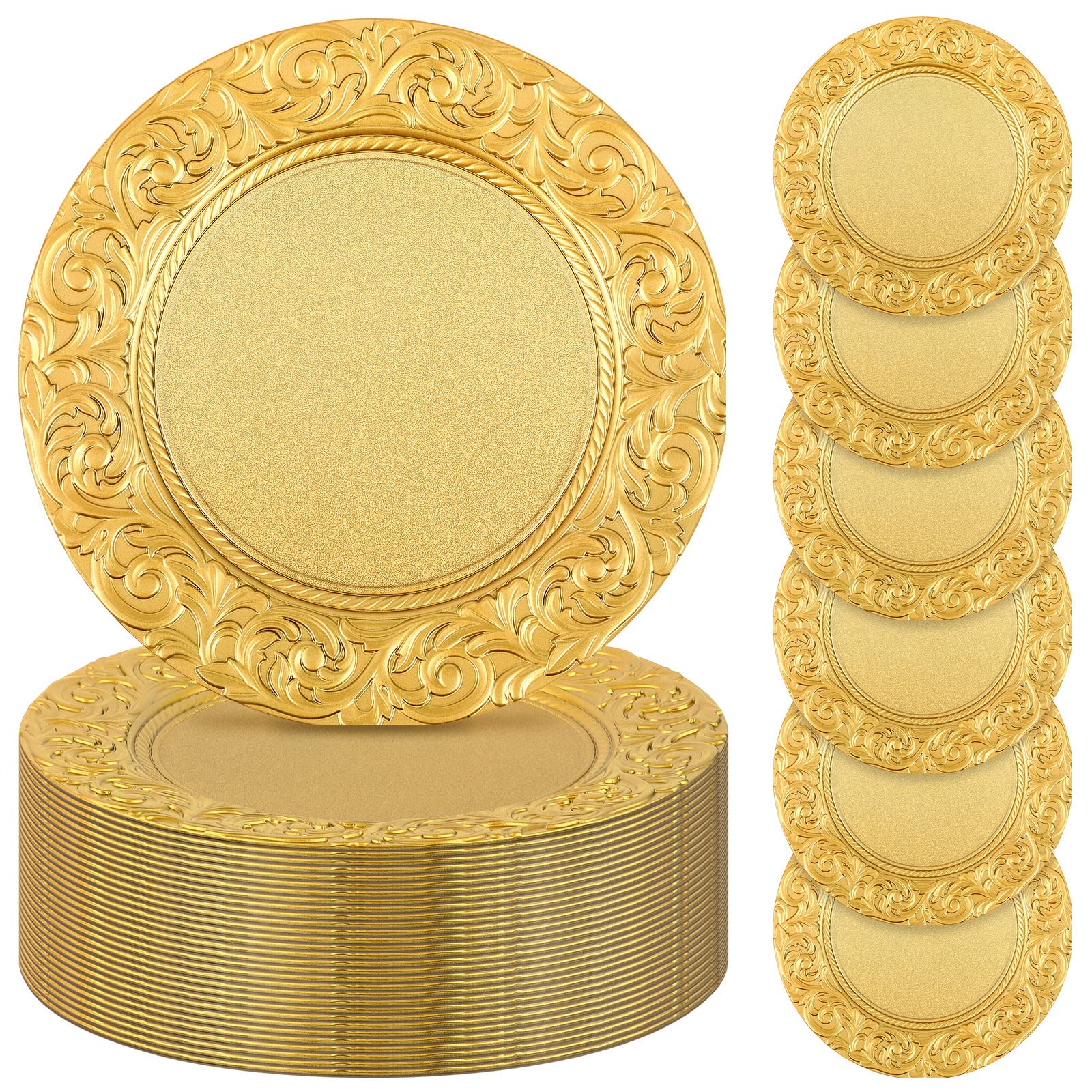50 Pcs Antique Gold Charger Plates - 13 Inch Embossed Rim Plastic Decorative Dinner Plates for Wedding, Party & Event Table Setting - Elegant Tableware for Formal Dinners, Banquets and Holiday Celebrations