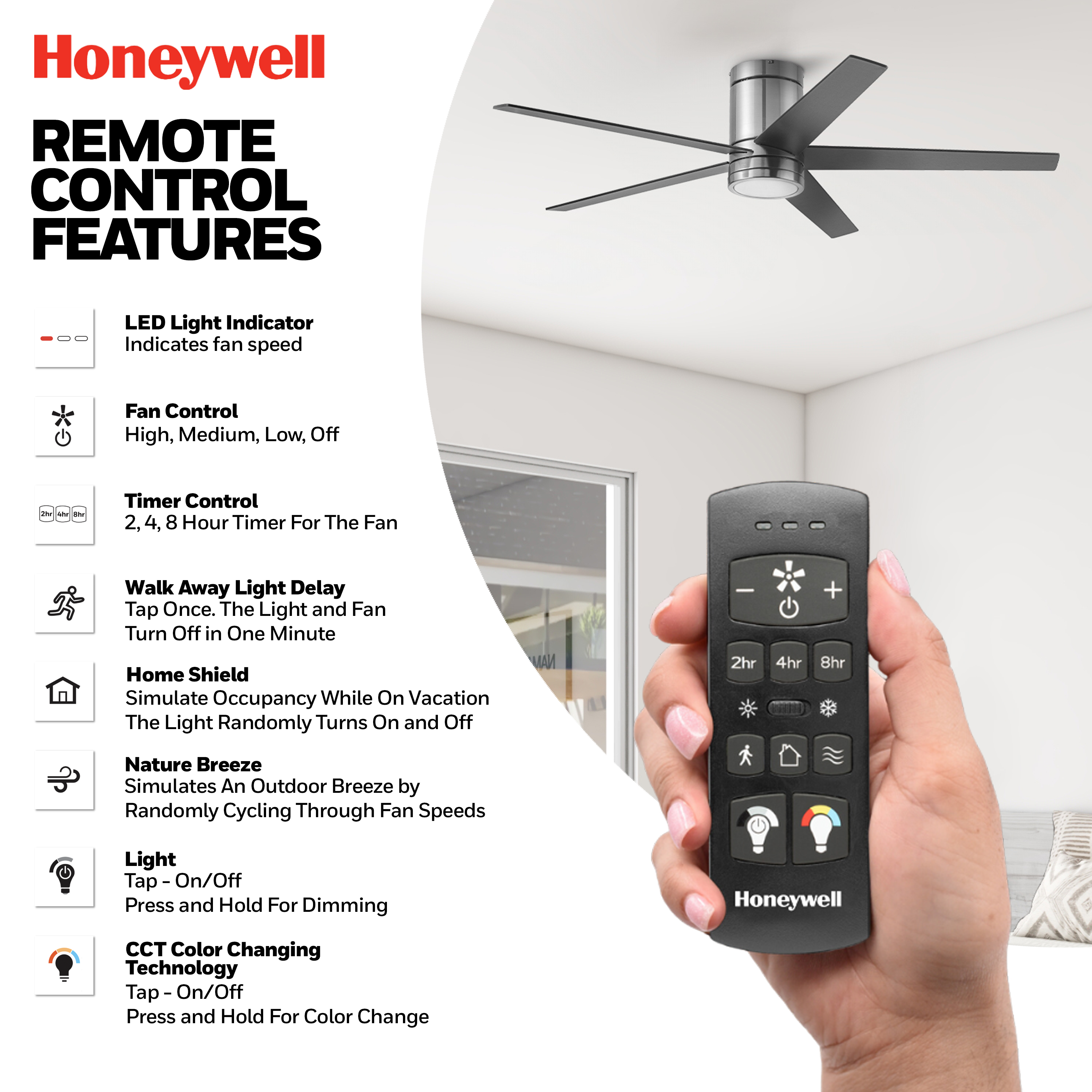 52 Inch Honeywell Graceshire Brushed Nickel Ceiling Fan with Light Kit and Remote Control - Perfect for Living Room, Bedroom, and Outdoor Patio Cooling