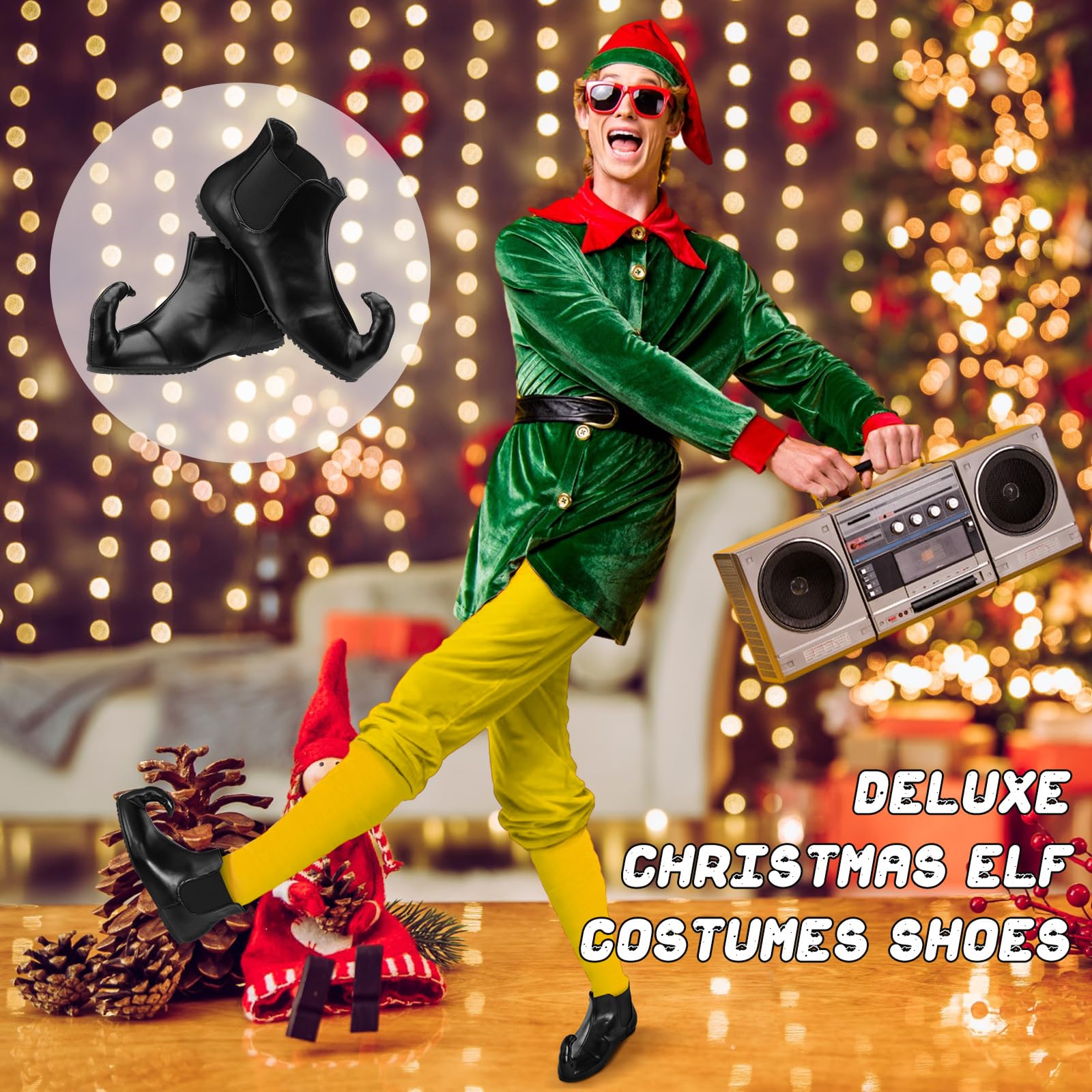 Elf Shoes for Men - Black Leather Christmas Costume Shoes for Adults | Holiday Party, Movie Elf Cosplay & Festive Celebrations
