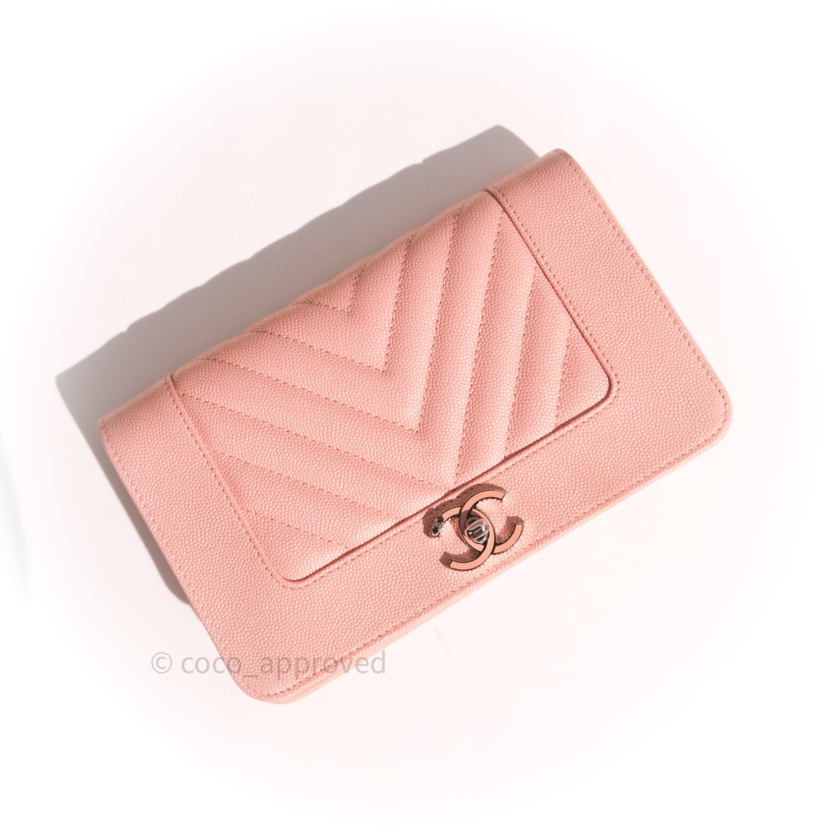 Chanel Chevron Wallet on Chain WOC Rose Gold Caviar Leather with Silver Hardware - Perfect for Evening Events & Luxury Fashion Accessories