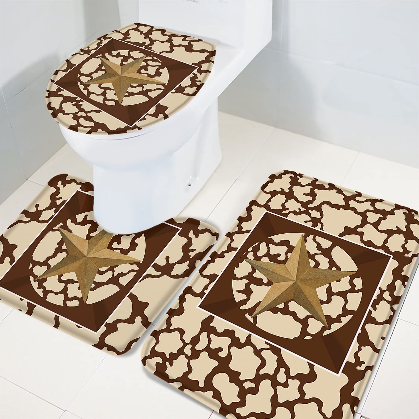 Texas Western Country Star Brown 3-Piece Non-Slip Bathroom Rug Set - Absorbent Bath Mat, Contour Mat & Toilet Cover with Cowhide Texture | Soft Shower Mats for Farmhouse & Western Style Bathrooms