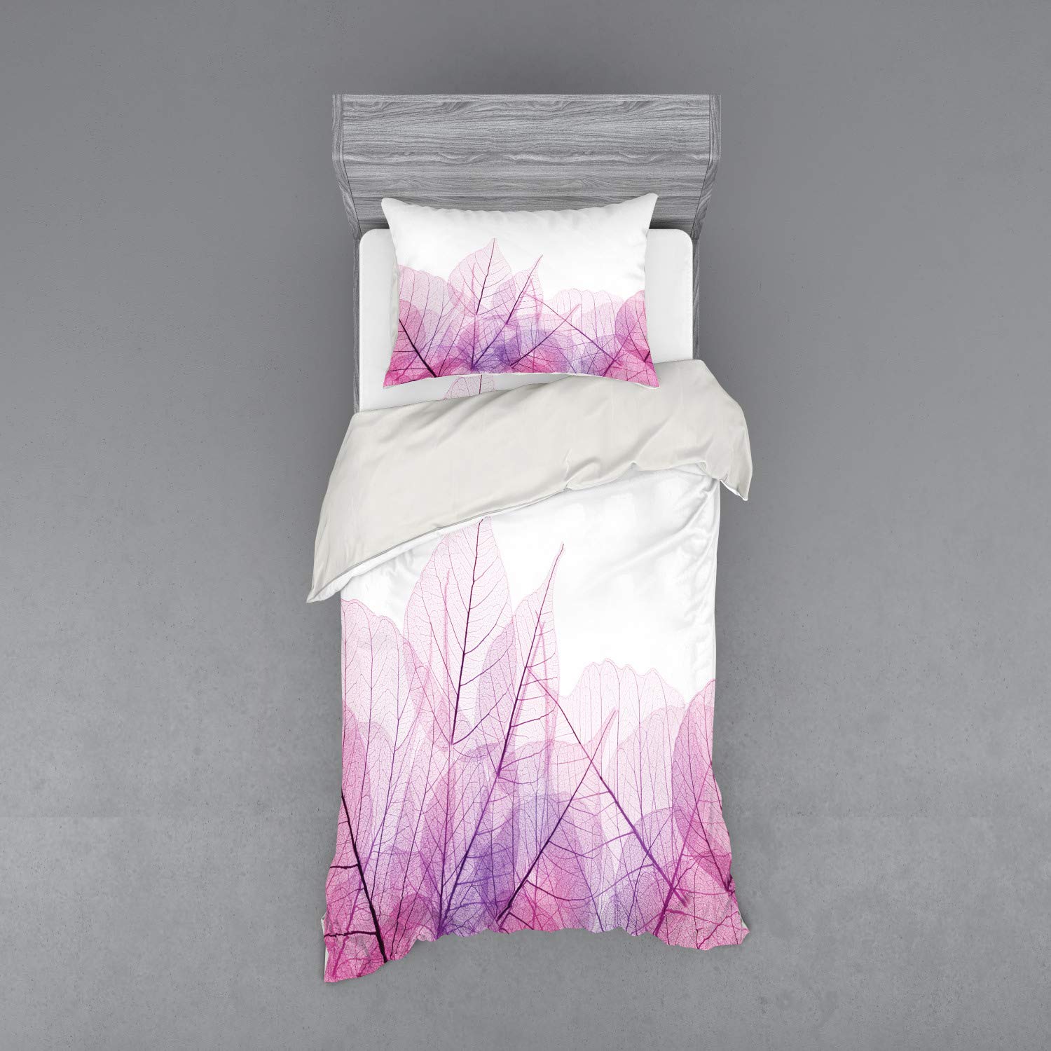 Ambesonne Leaf Bedding Set - 3 Piece Duvet Cover with Sham & Fitted Sheet, Twin Size, Pink & Purple, Skeleton Spring Flowers Contemporary Fantasy Design | Perfect for Kids' Room, Guest Bedroom & Bohemian Home Decor