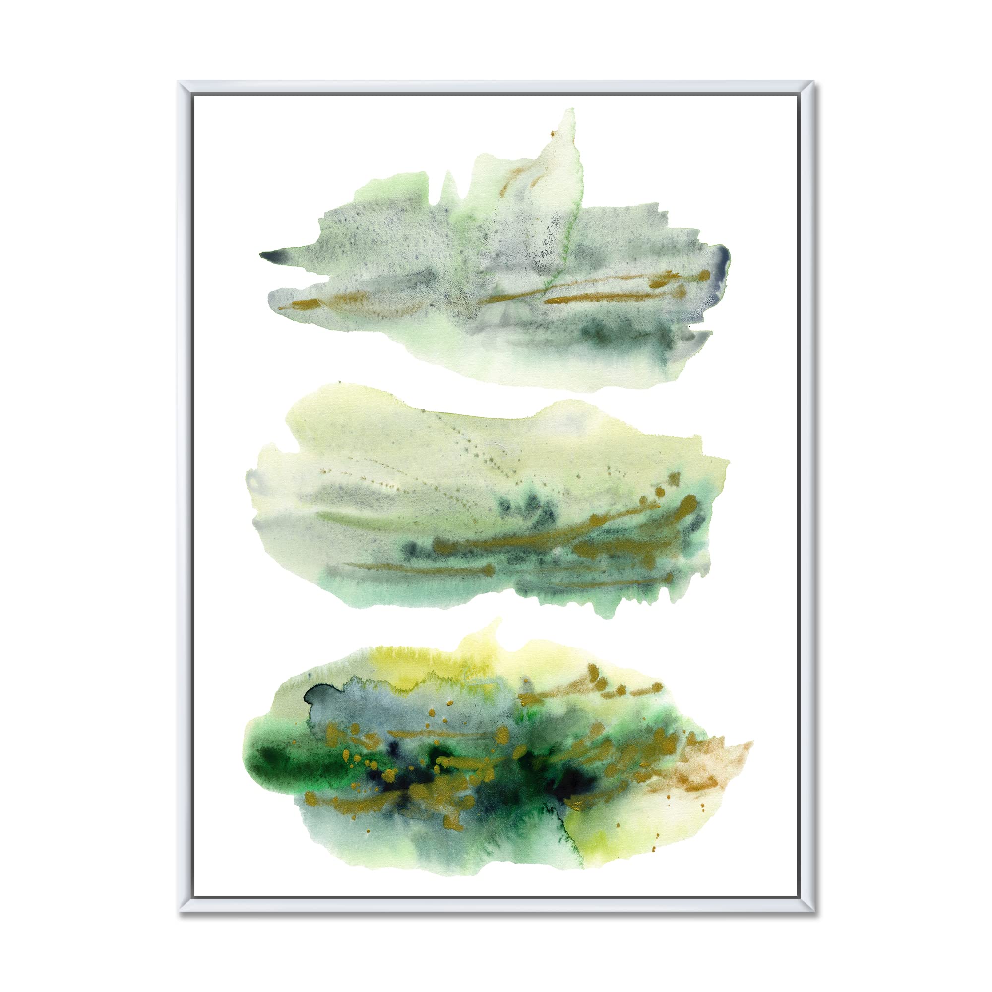 DesignQ Golden Green Abstract Clouds With Blue Points II - Modern Framed Canvas Wall Art Print for Living Room, Bedroom & Office Decor