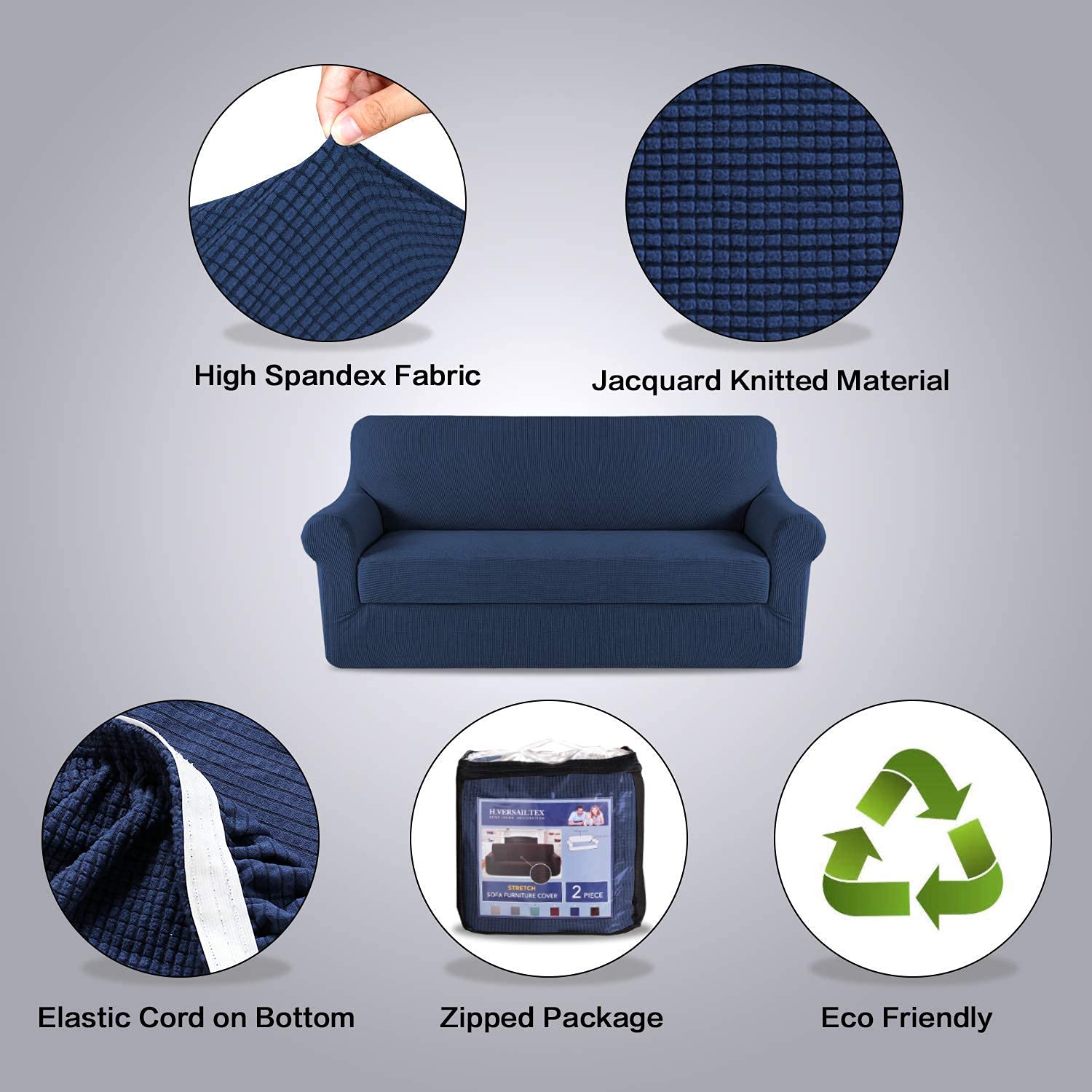 H.VERSAILTEX Stretch Sofa Covers for 3 Cushion Couch - 2 Piece Loveseat Slipcover Set with Spandex Fabric (Navy Blue) - Perfect for Living Room, Apartment & Pet-Friendly Furniture Protection