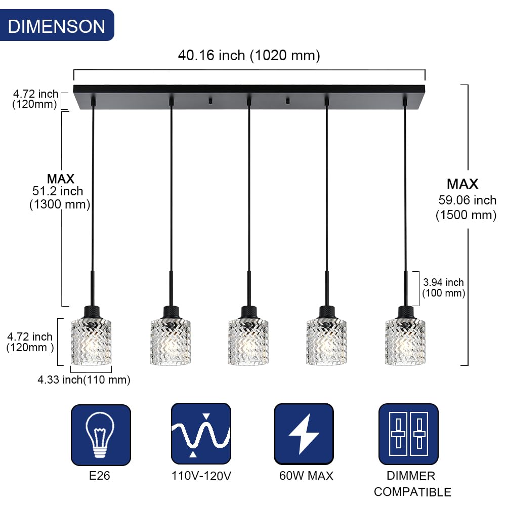 Black 5-Light Kitchen Island Pendant Light Fixture - Farmhouse Chandelier with Hammered Glass Shades, E26 Bulb Base - Perfect for Dining Room, Kitchen Island, and Breakfast Nook Lighting