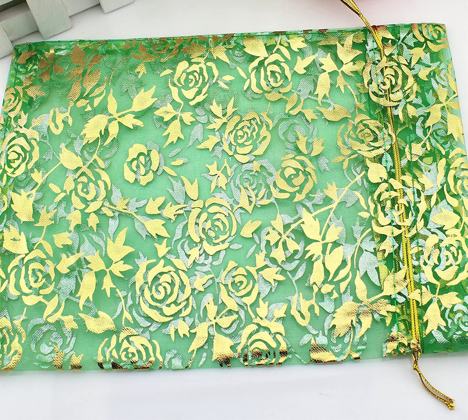 100 Pcs 4x6 Inches Organza Drawstring Potli Bags - Small Gift Pouches for Wedding Favors, Party Giveaways, Baby Shower, Dry Fruits & Jewelry (Green Floral Design) - Perfect for Indian Weddings, Bridal Showers & Festive Celebrations