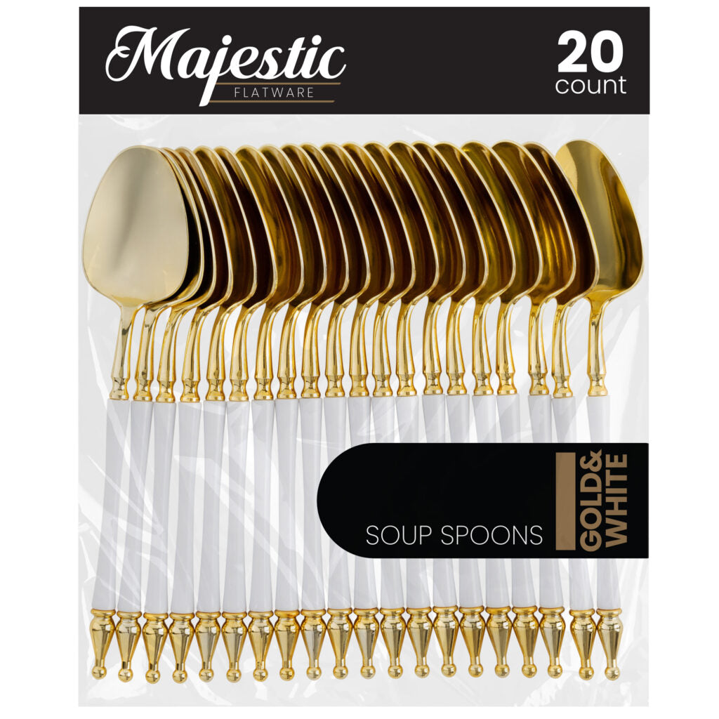 Majestic Collection 20-Piece Gold and White Plastic Flatware Set - Elegant Disposable Cutlery for Parties, Picnics, and Events