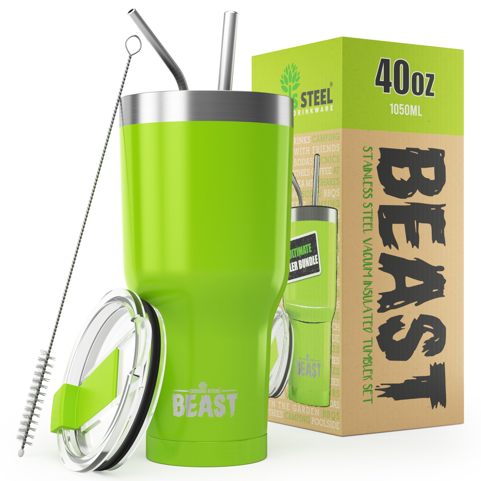 Beast 40 oz Stainless Steel Tumbler - Vacuum Insulated Double Wall Travel Mug for Coffee & Iced Drinks (Lemongrass Green) - Perfect for Camping, Office & Gym Hydration