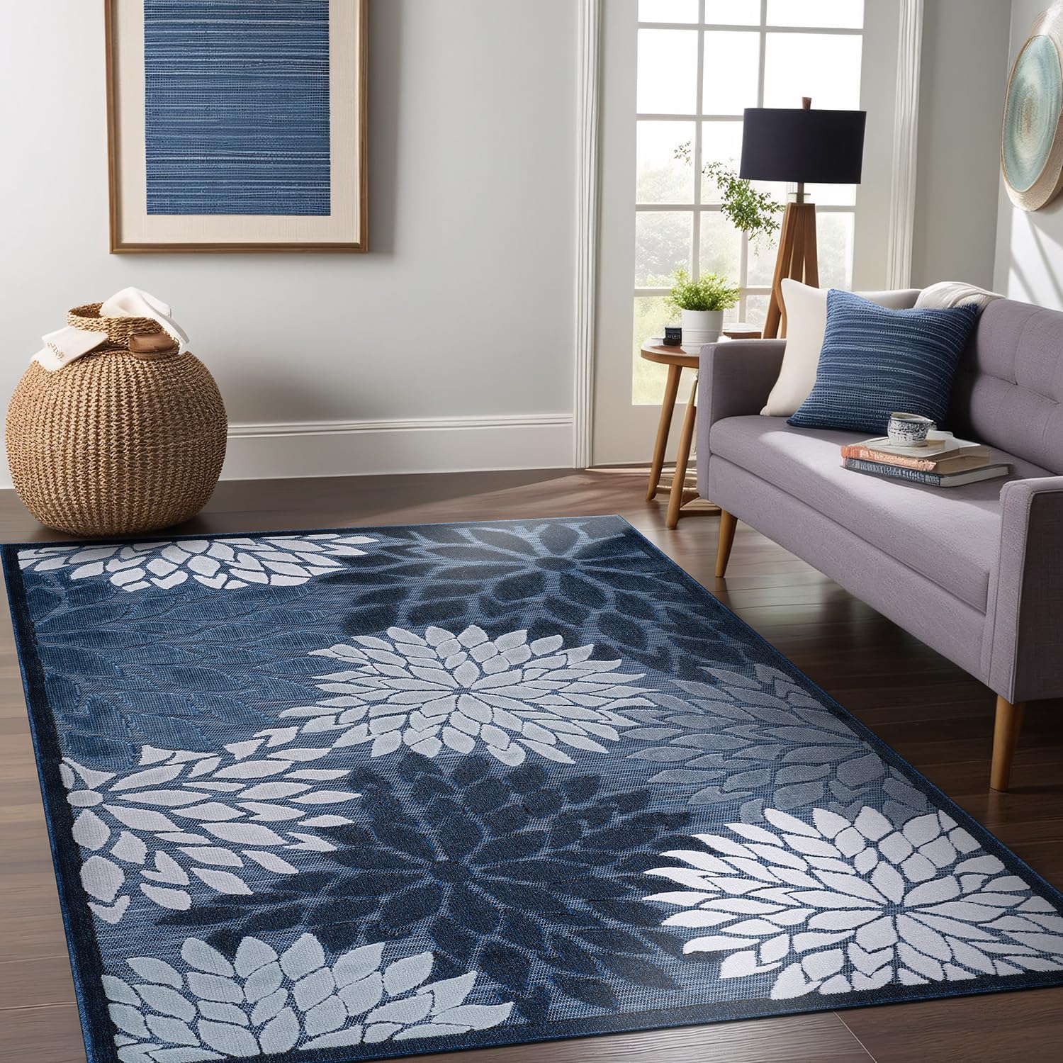 Beverly Rug 8x10 Modern Floral Tropical Indoor Outdoor Area Rug - Non-Shedding, Washable, Easy Clean - Navy Blue - Perfect for Patio, Living Room, Porch & Garden Decor