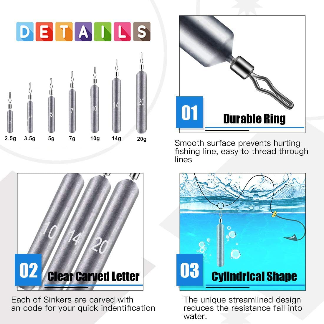 BITEFU 35pcs Fishing Weights Sinkers, Grey Carp Fishing Leads with Storage Box - 7 Sizes (2.5g 3.5g 5g 7g 10g 14g 20g) - Professional Fishing Gear for Freshwater & Saltwater Anglers