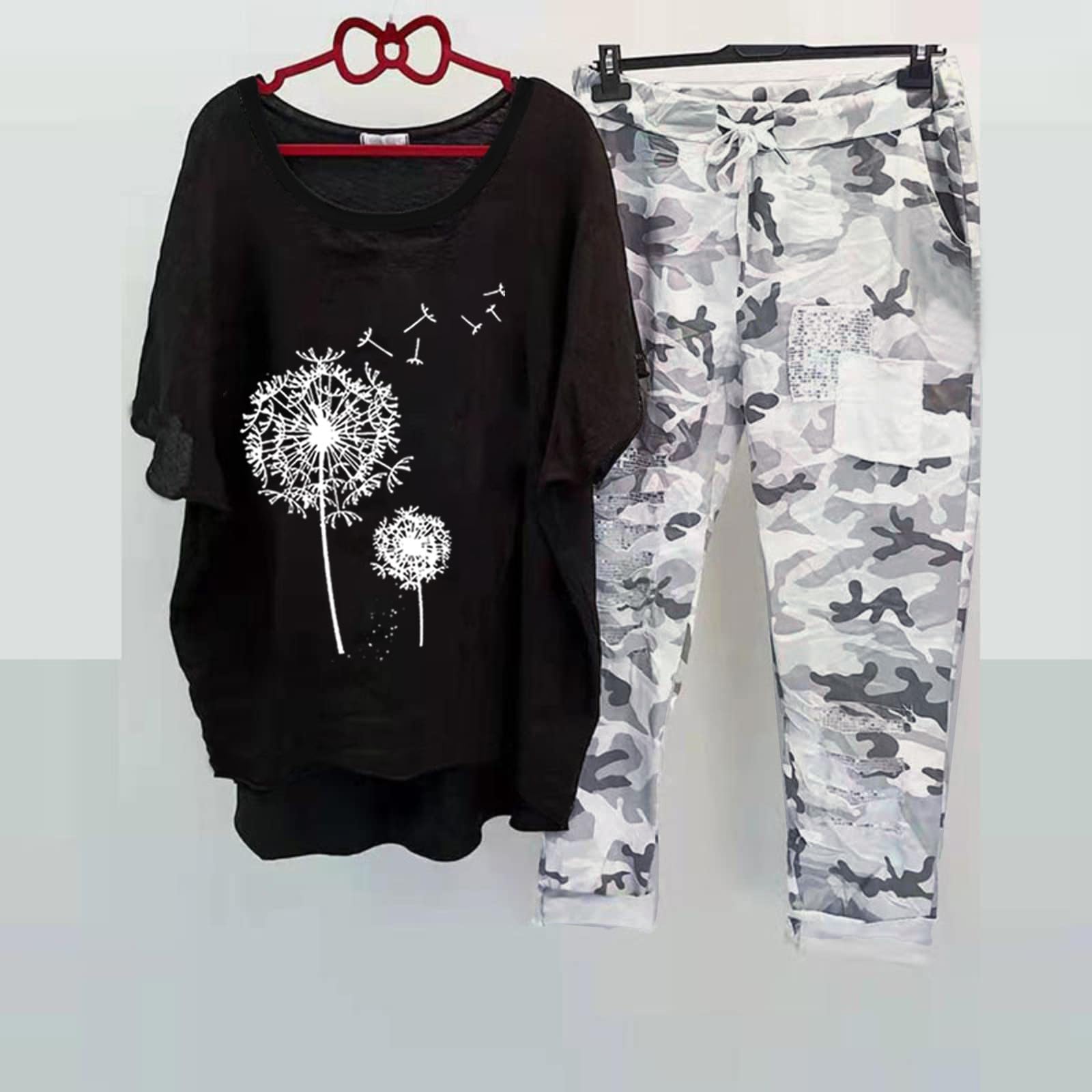 Women's 2-Piece Linen Lounge Set - Breathable Short Sleeve Dandelion Print Shirt & Camouflage Capri Pants for Summer | Casual Outfit for Home, Beach & Vacation