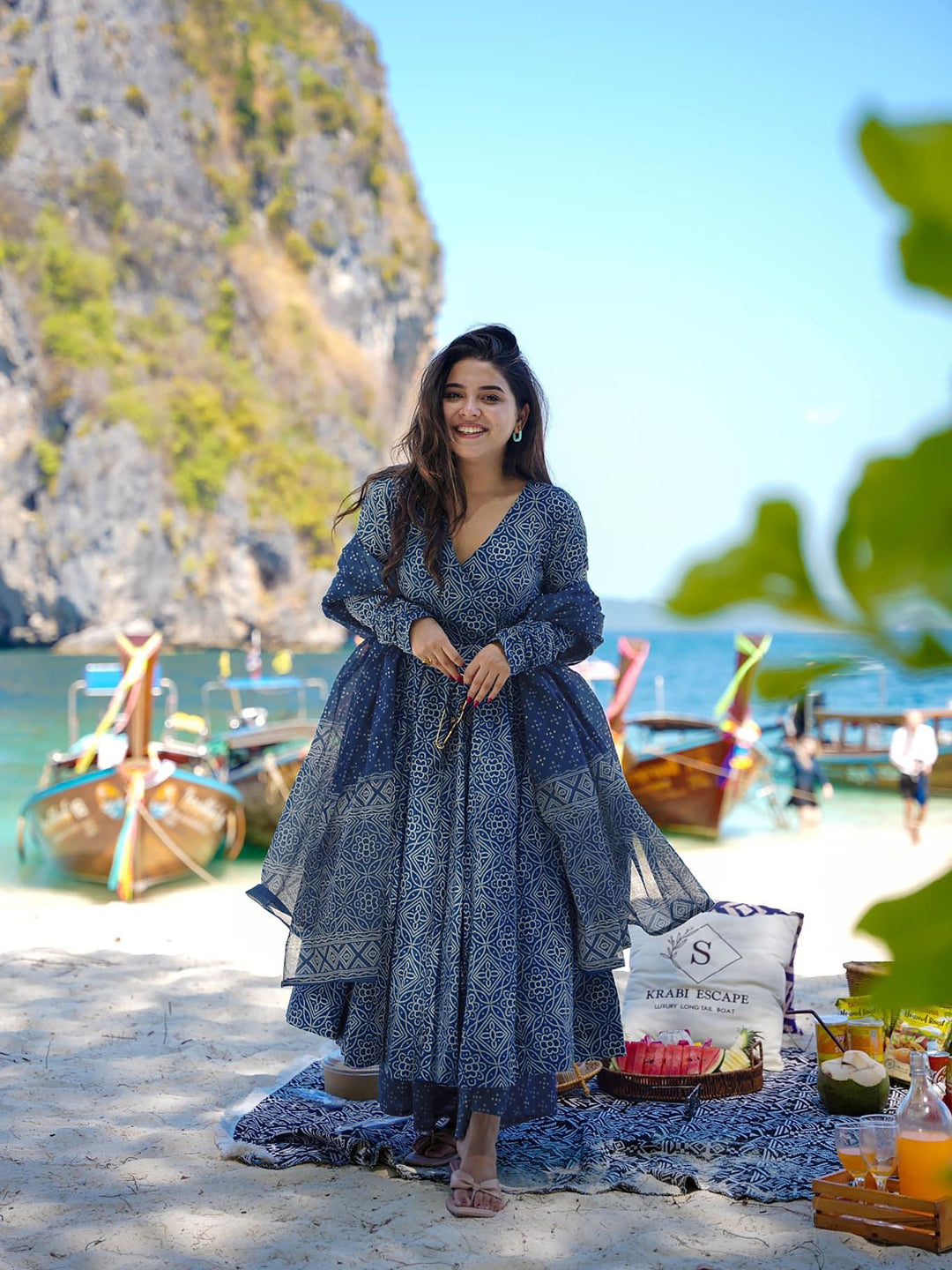 Elegant Blue Digital Printed Anarkali Dress for Women - Perfect for Weddings, Parties & Festive Occasions