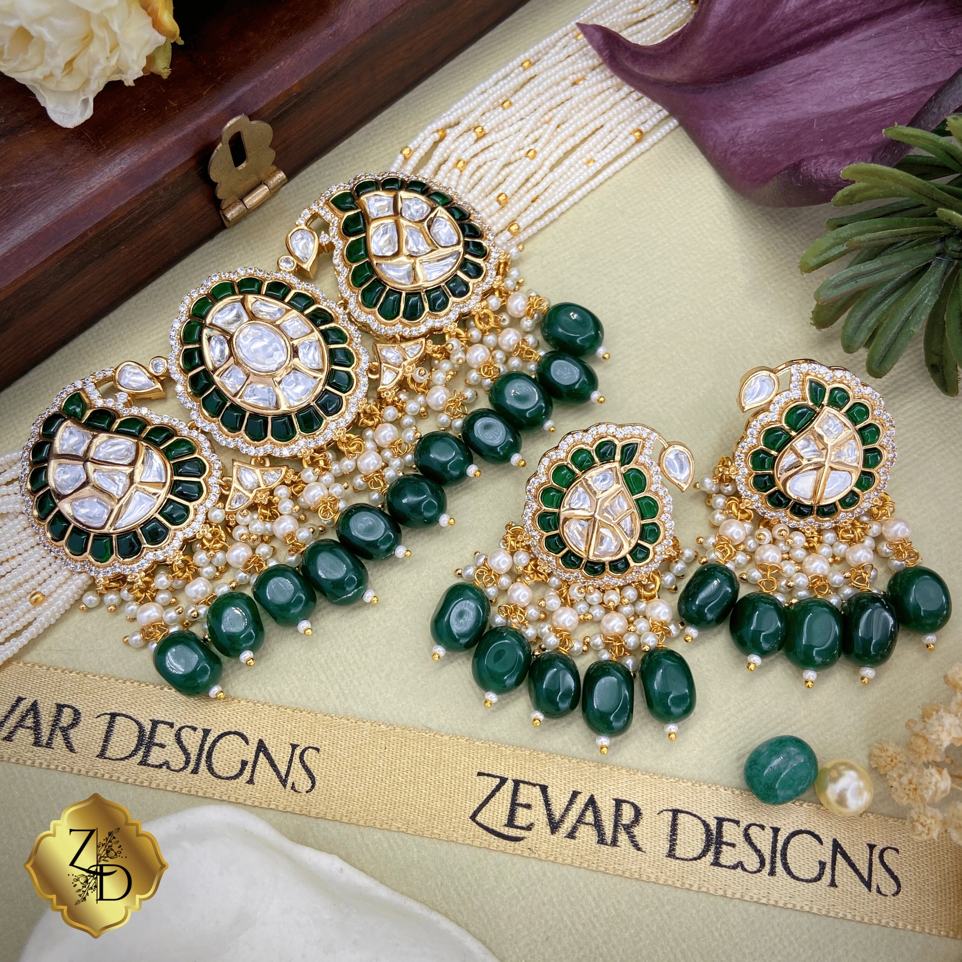 Exquisite Kundan Polki Choker Set with Emerald Green Drops | Indian Bridal Jewelry | Perfect for Weddings, Parties & Special Occasions
