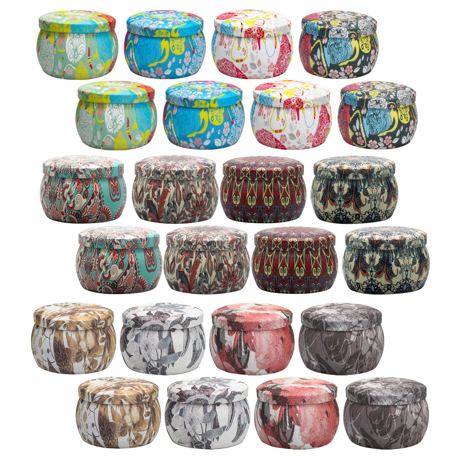 24 Pack 4.4 oz Empty Candle Tins with Lids - DIY Candle Making Jars, Metal Containers with Exquisite Patterns for Arts, Crafts & Storage - Perfect for Home Decor, Wedding Favors and Gift Packaging (Multicolor)